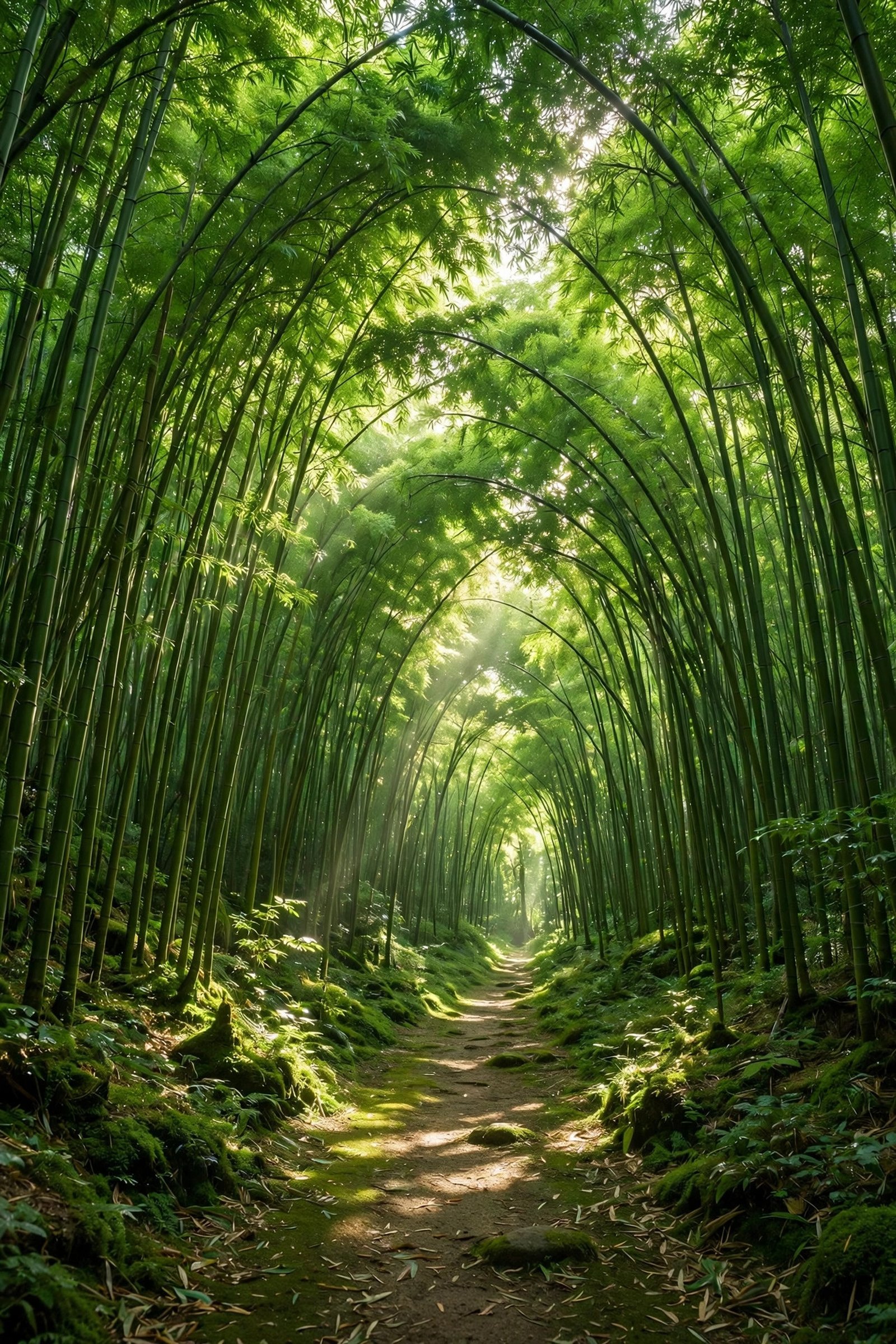  "Sunlit path through a towering green bamboo forest"