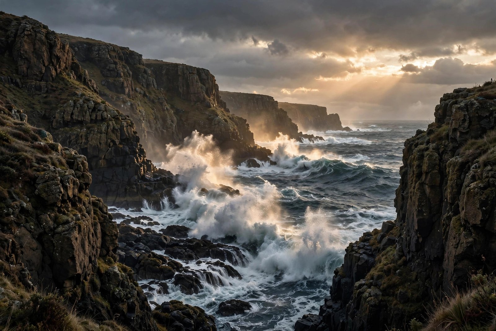  "Powerful waves crashing against rugged coastal cliffs at sunset"