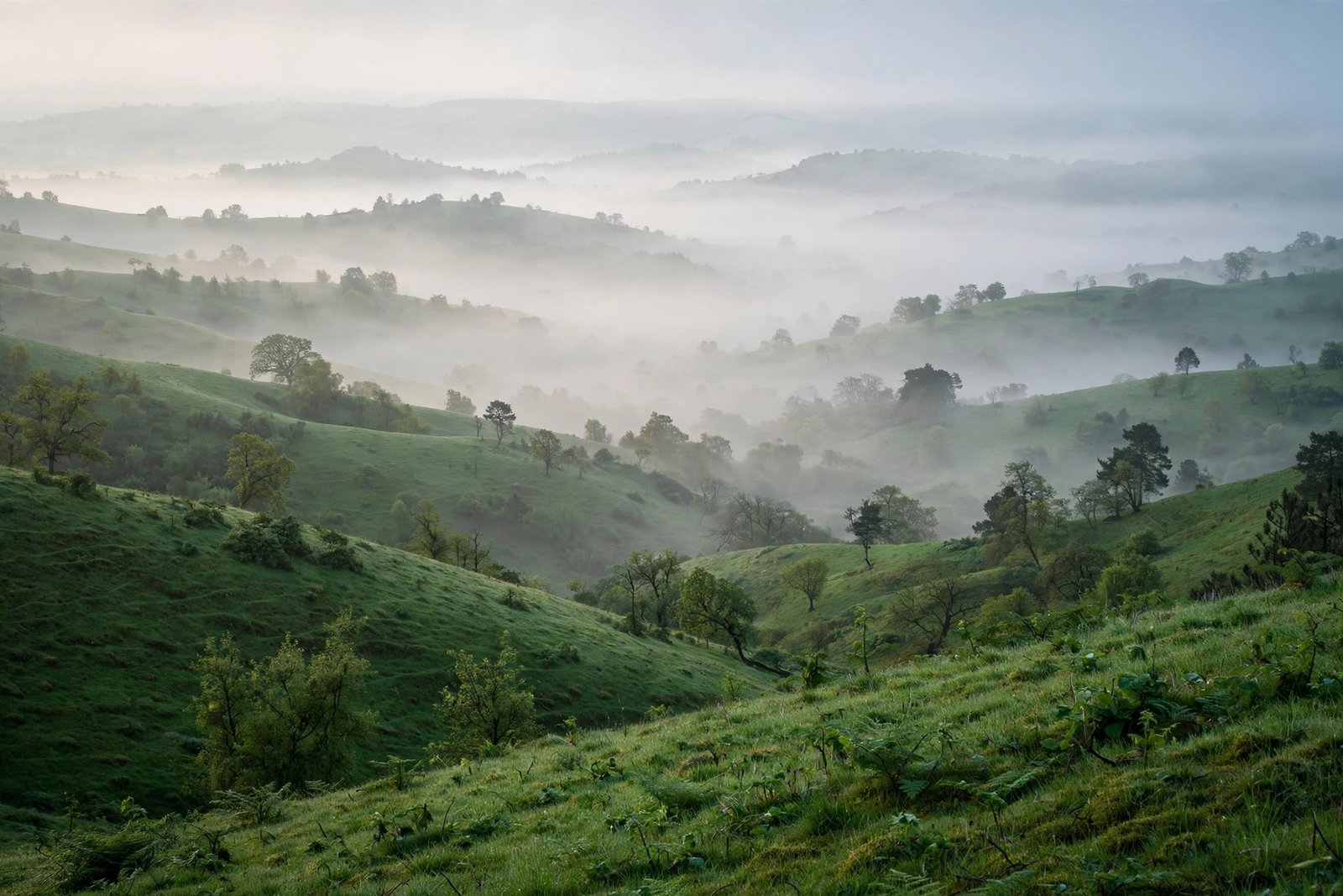  "Foggy green valley with rolling hills disappearing into white mist"