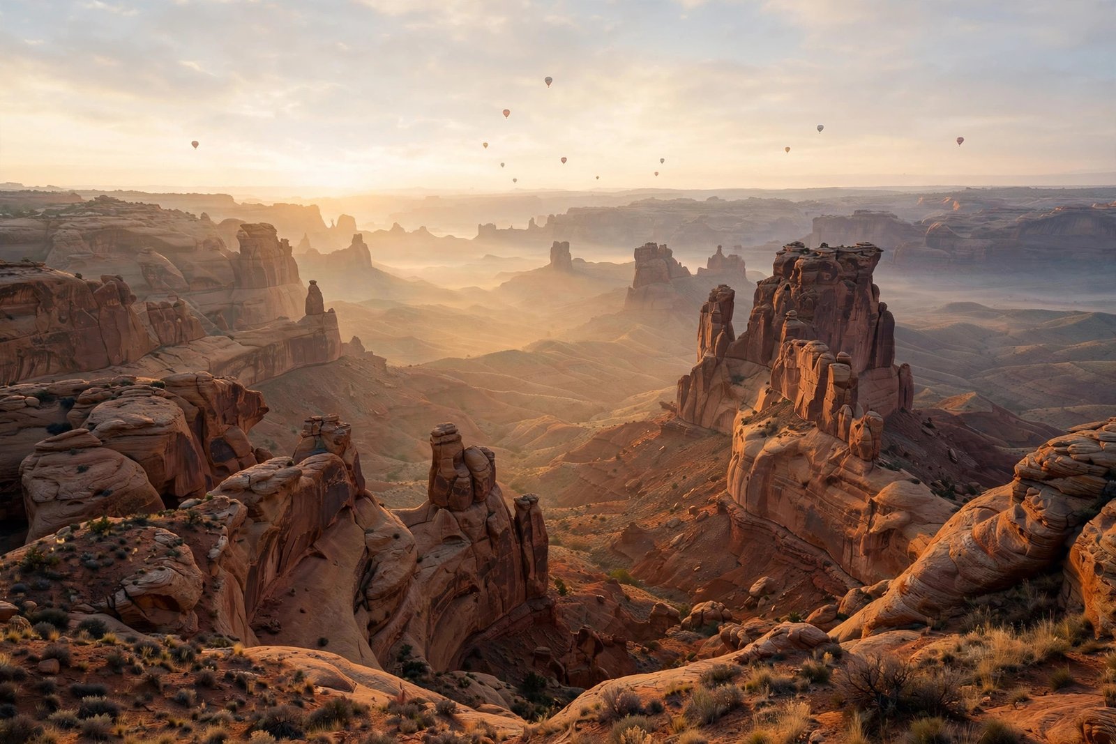  "Hot air balloons drifting over ancient sandstone rock formations at sunrise"