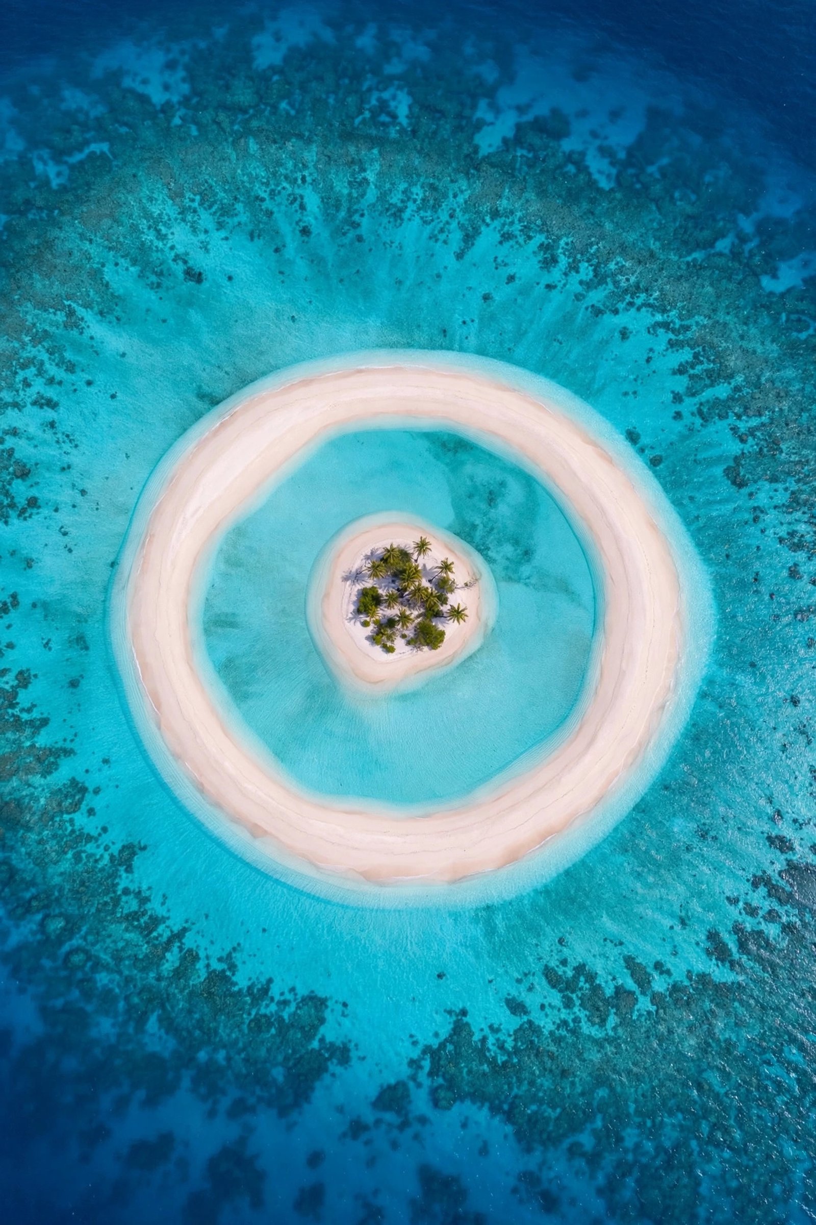  "Aerial view of tiny tropical island ringed by turquoise water"