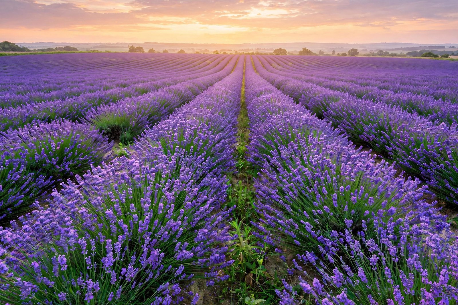  "Rows of blooming purple lavender stretching to the horizon at sunset"
