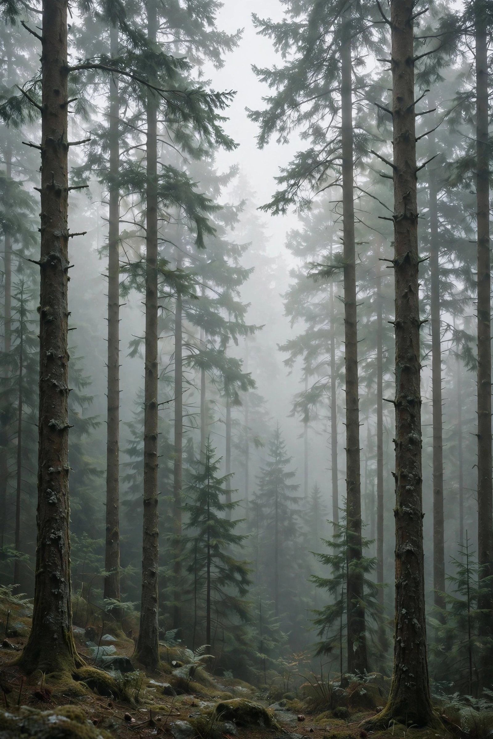  "Tall pine trees fading into soft white fog in a misty forest"