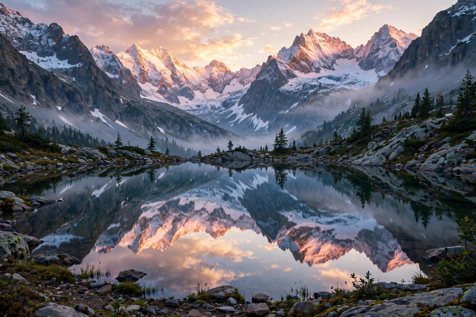  "Snow capped alpine peaks reflected perfectly in a still mountain lake"