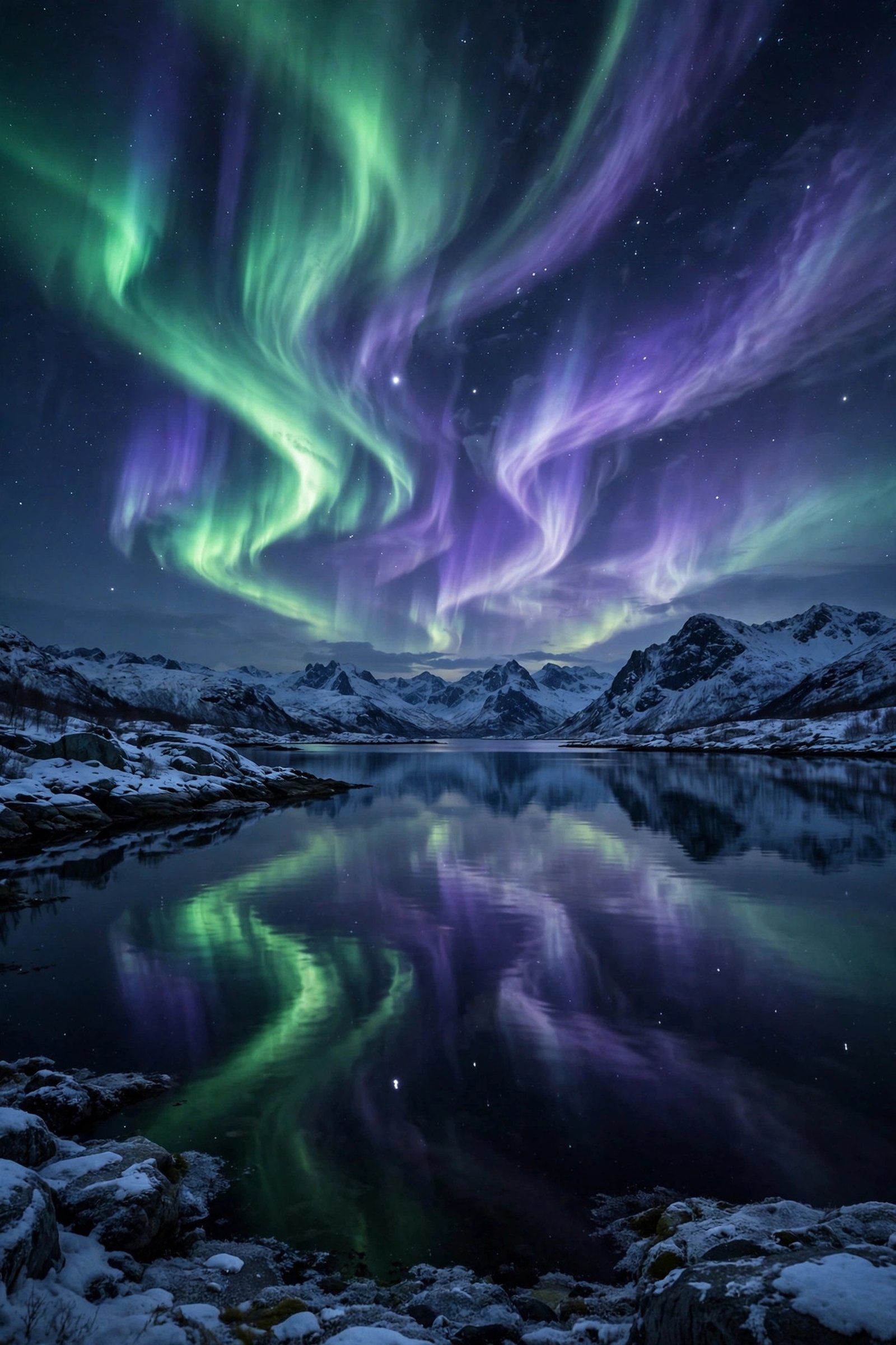 "Northern lights dancing over a still fjord beneath snowy mountains"