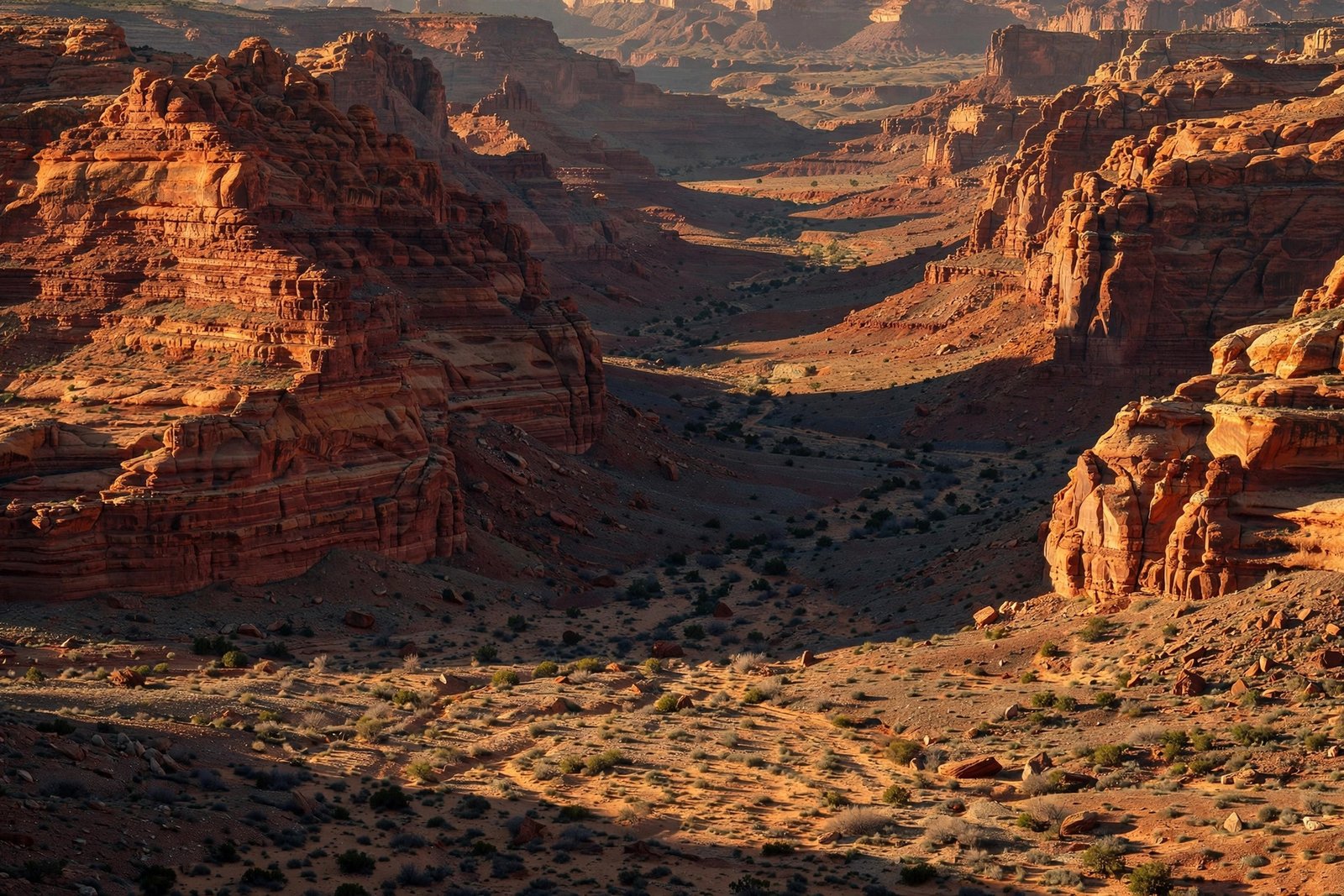  "Red sandstone canyon cliffs glowing in warm late afternoon light"
