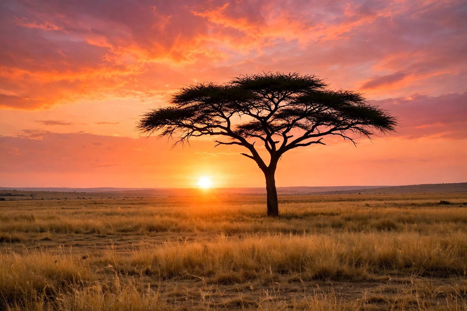  "Lone acacia tree silhouetted against a blazing orange sunset sky"