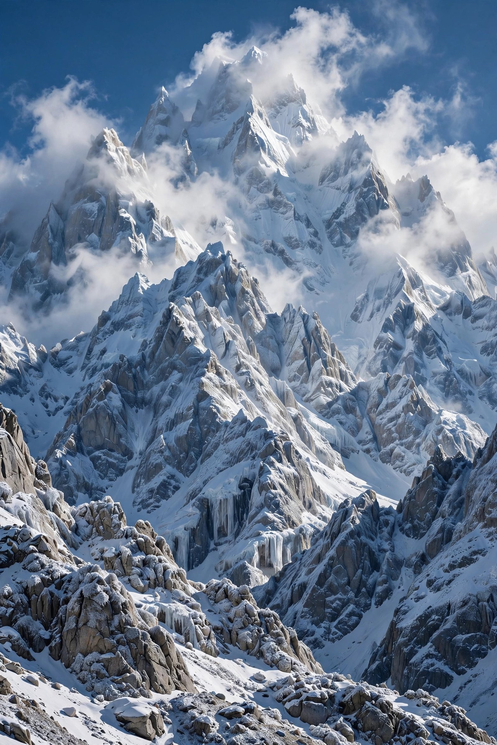  "Towering snow covered mountain peaks rising into a clear blue sky"