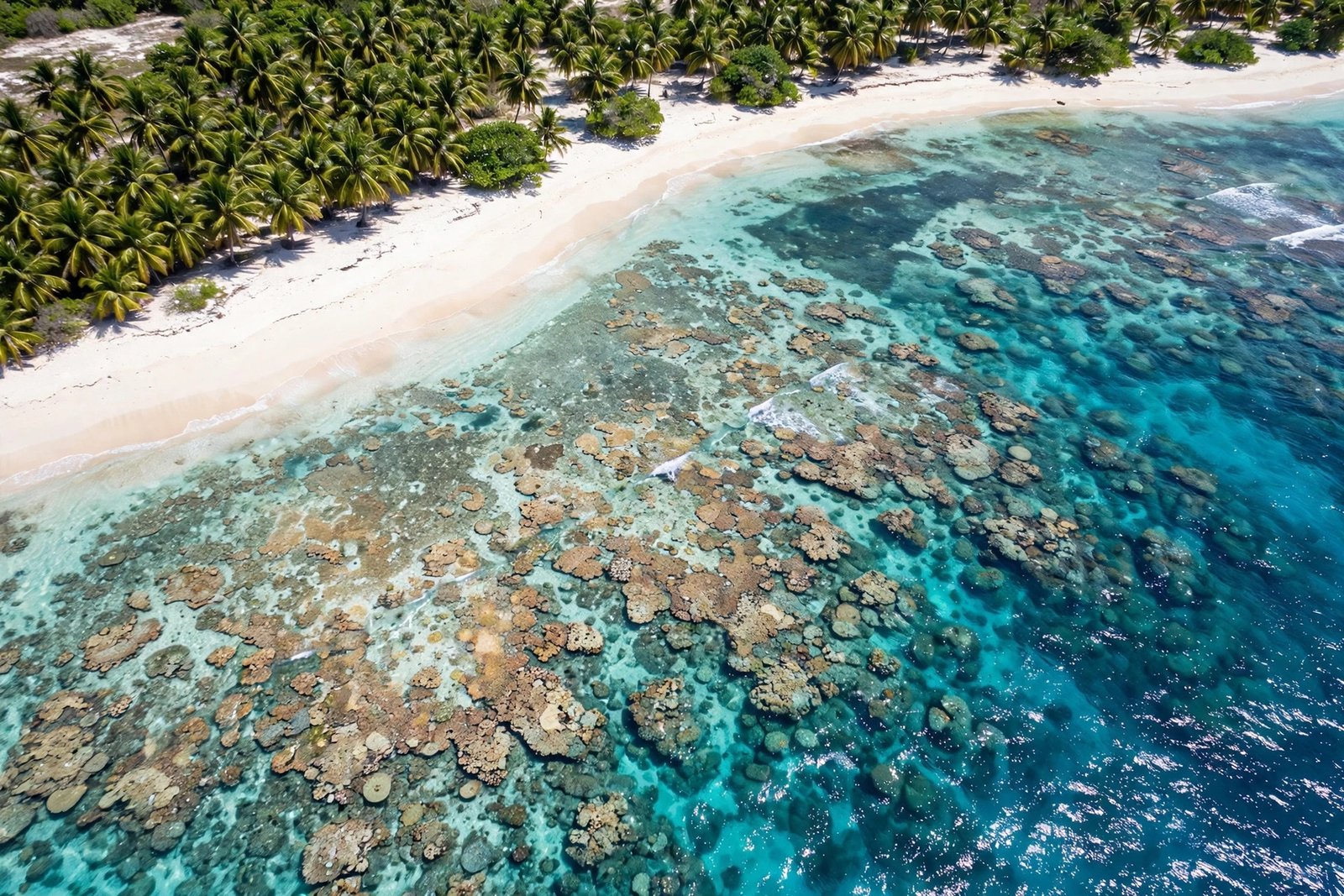  "Aerial view of tropical beach with turquoise water white sand and palms"