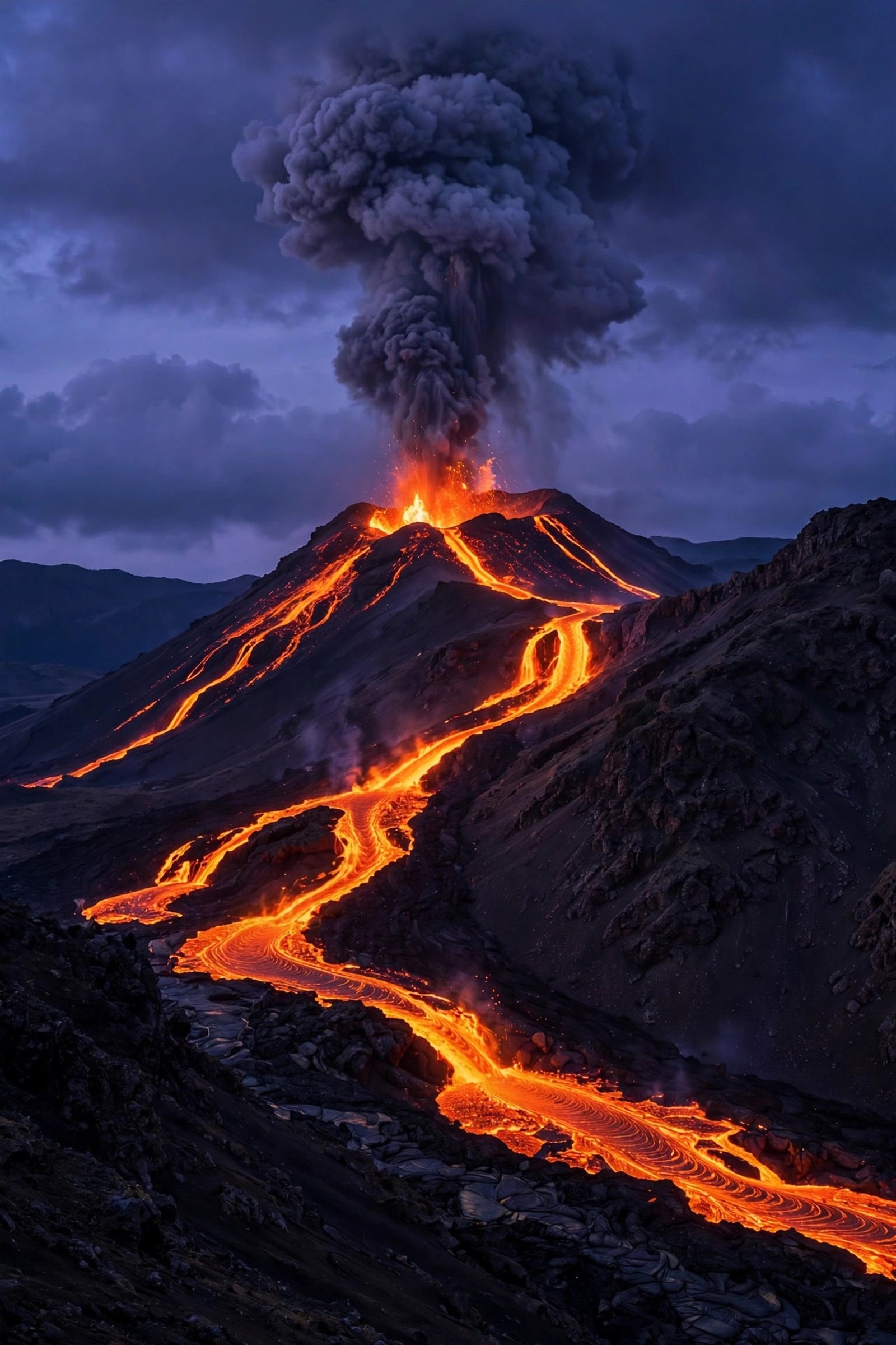  "Erupting volcano with glowing lava rivers at dusk under ash plume"