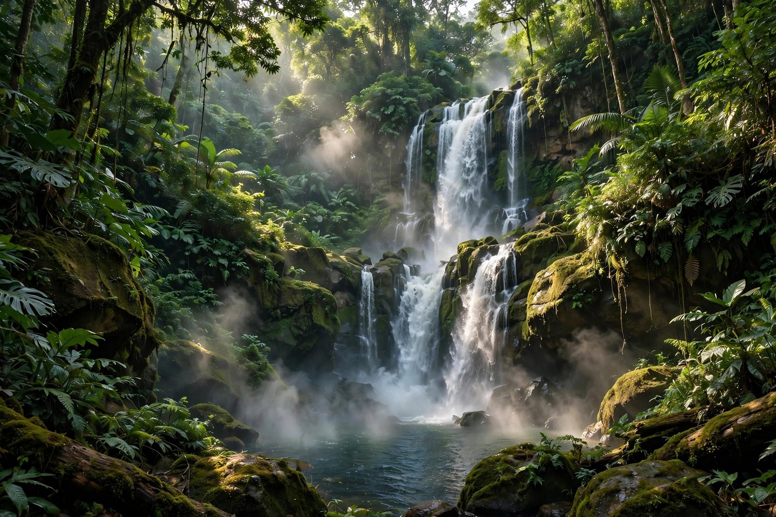  "Waterfall cascading through lush green jungle with rising mist"