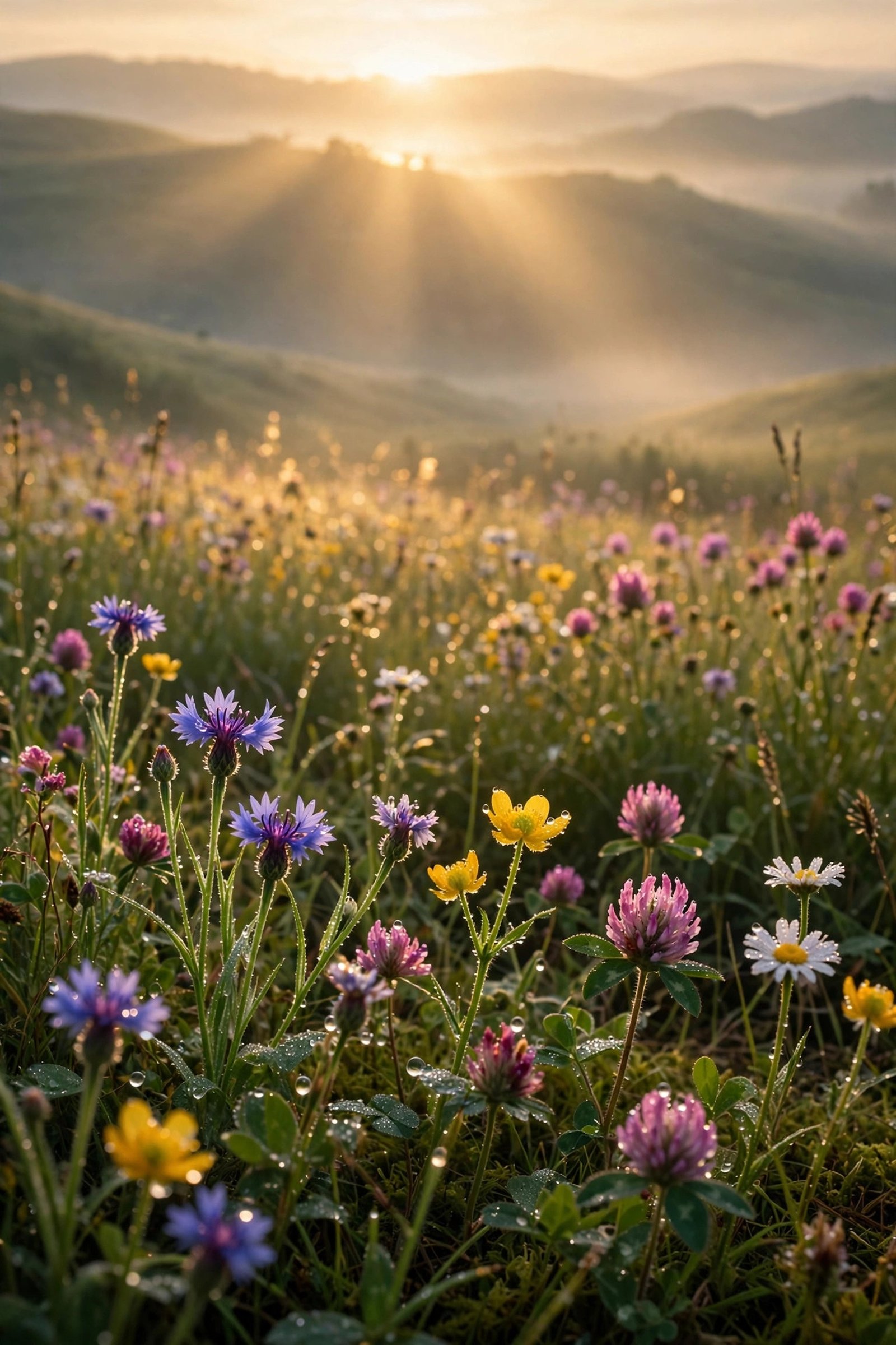  "Wildflower meadow with dewdrops lit by golden sunrise sunbeams"