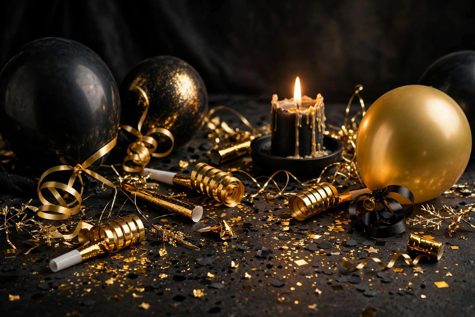  "Black and gold New Year party still life with balloons and party blowers"