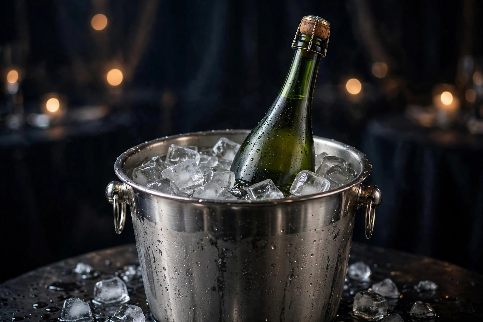  "Unbranded champagne bottle chilling in a silver ice bucket with ice cubes"