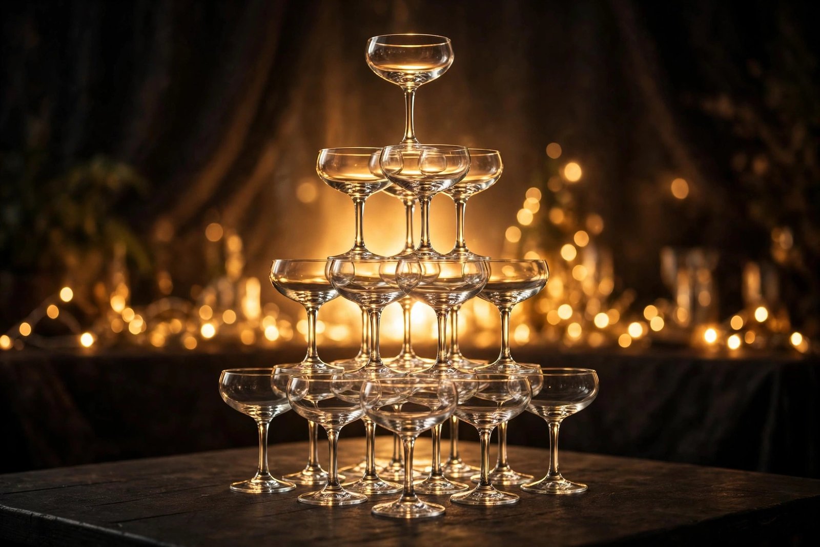  "Elegant tower of champagne coupe glasses stacked in a pyramid on a dark table"