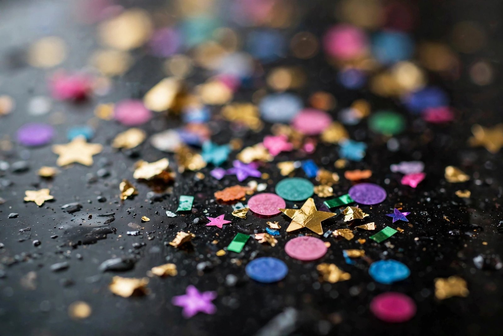  "Macro of colorful confetti pieces resting on a dark glossy surface"