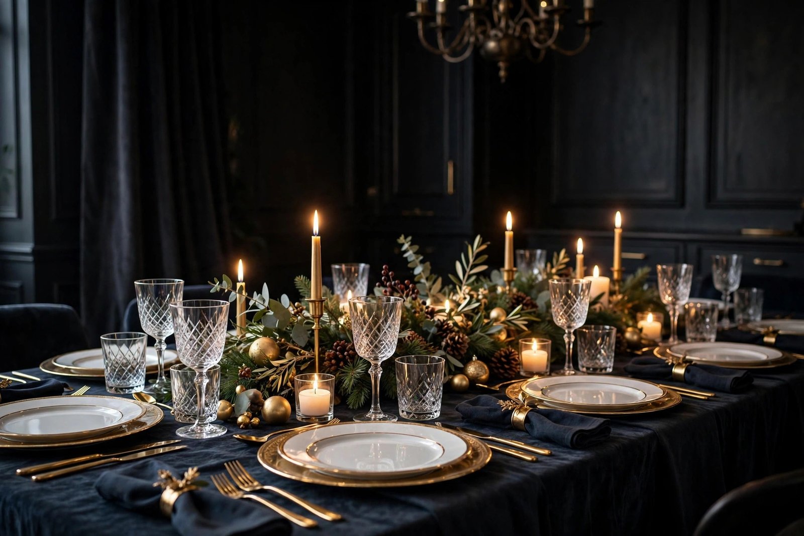  "Elegant New Year dinner table setting with gold-rimmed plates and candles"