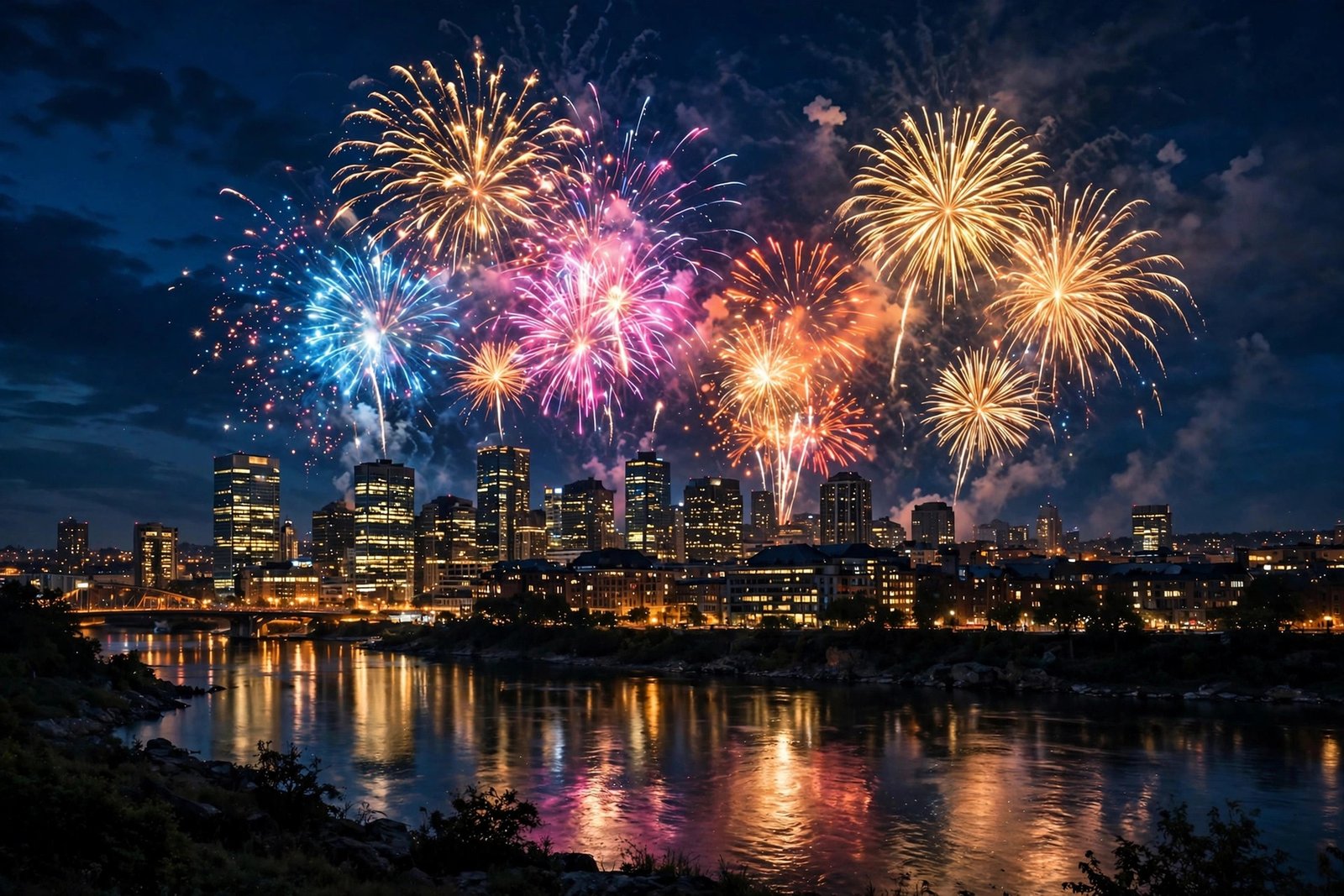  "Colorful fireworks bursting over a city skyline at night with river reflections"