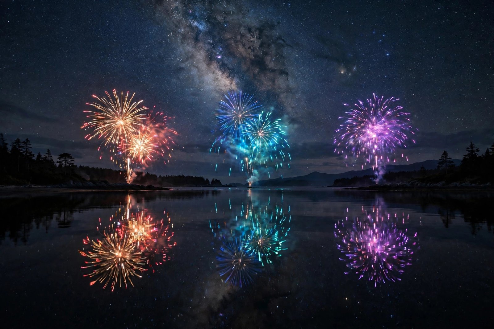  "Colorful fireworks reflected on a calm dark sea under a starry sky"