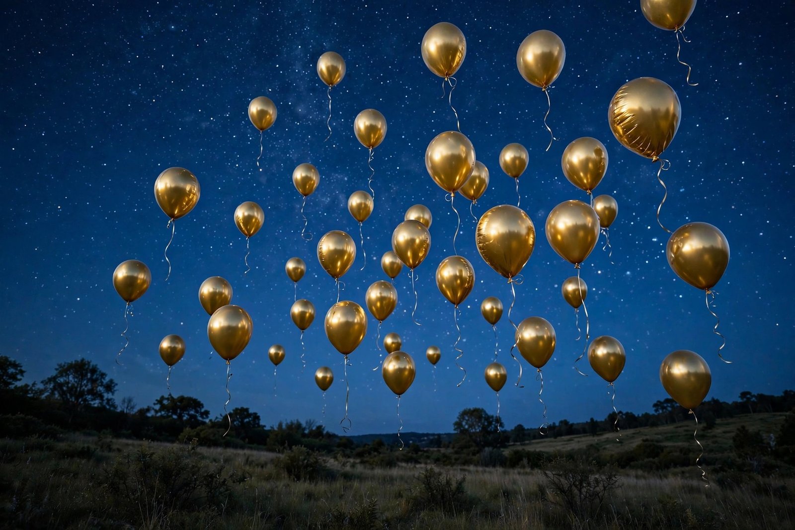  "Shiny gold balloons floating upward into a starry deep blue night sky"