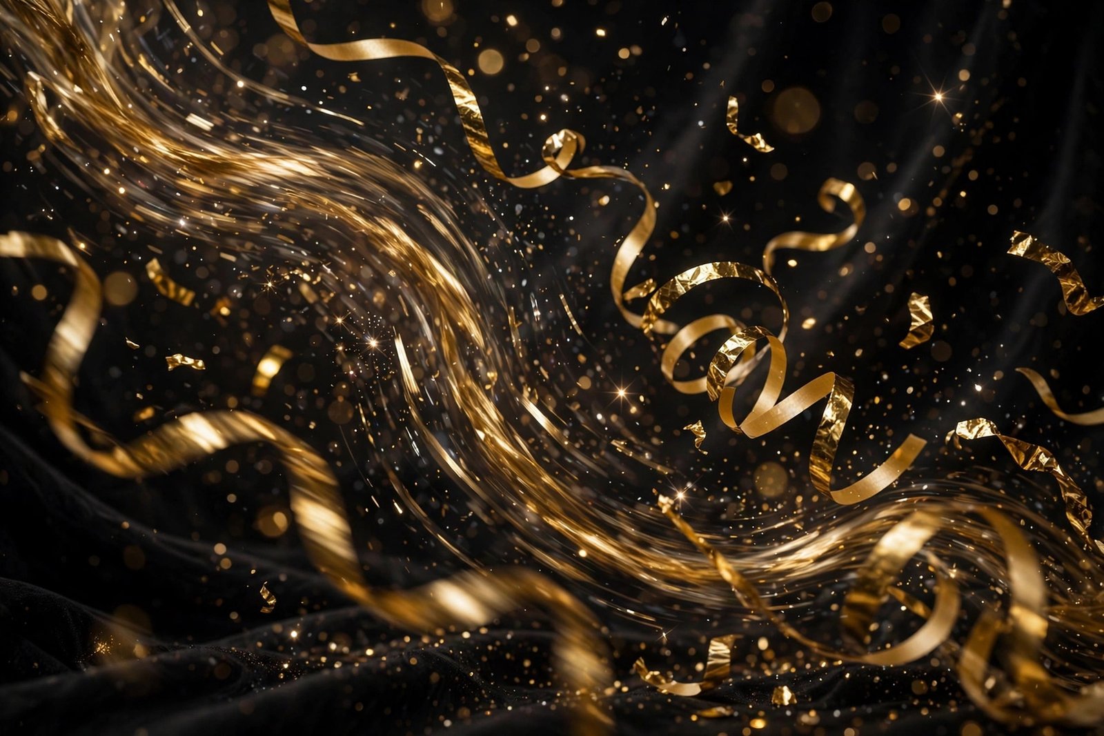  "Golden streamers swirling through the air in celebration on a dark background"