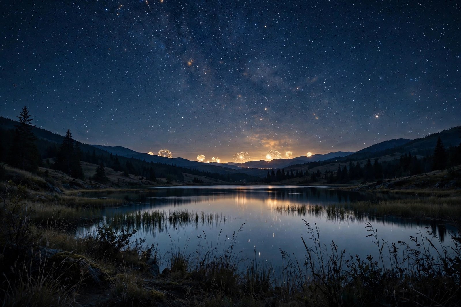  "Midnight blue starry sky with distant golden fireworks glowing near the horizon"