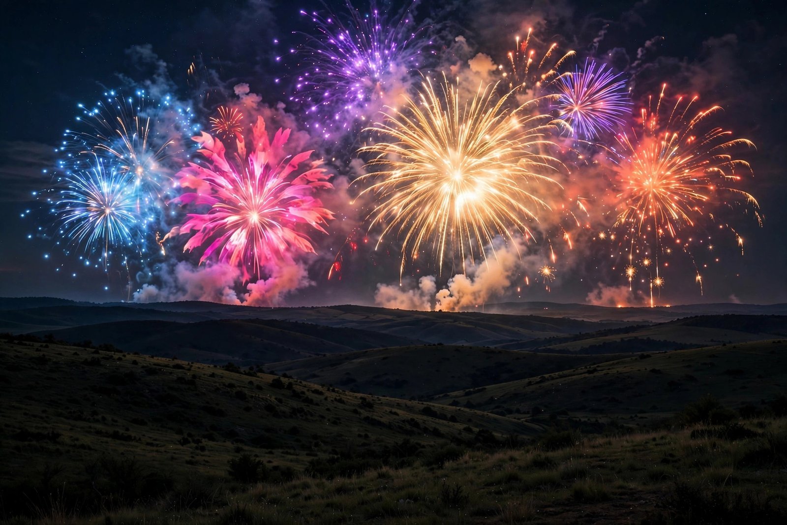  "Panoramic view of grand fireworks exploding over rolling hills at night"