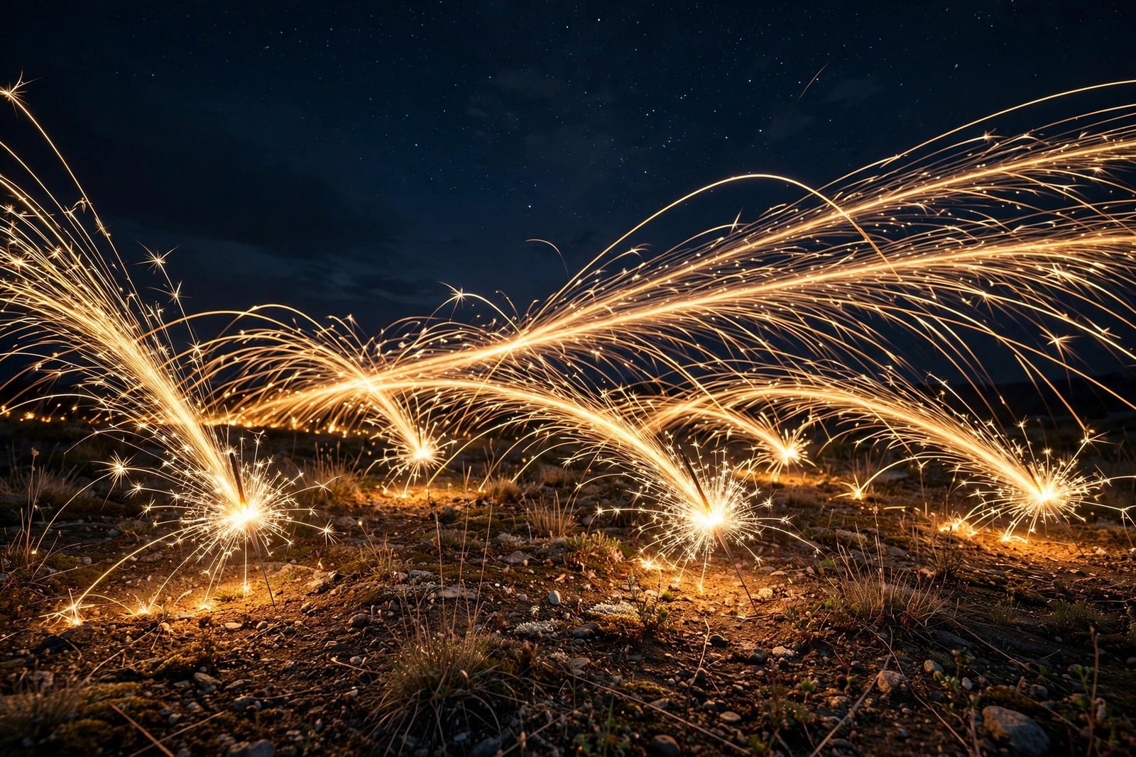  "Burning sparklers sparkling brightly against a dark night sky"