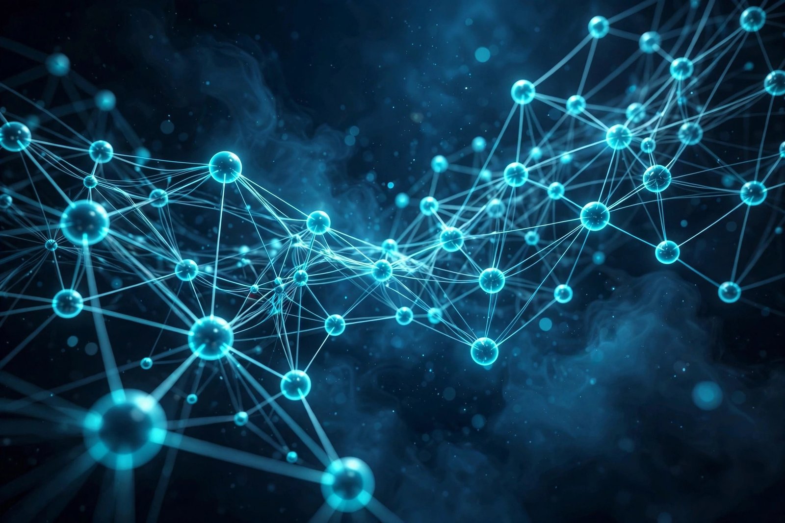  "Abstract AI neural network with glowing blue nodes in a dark digital space"