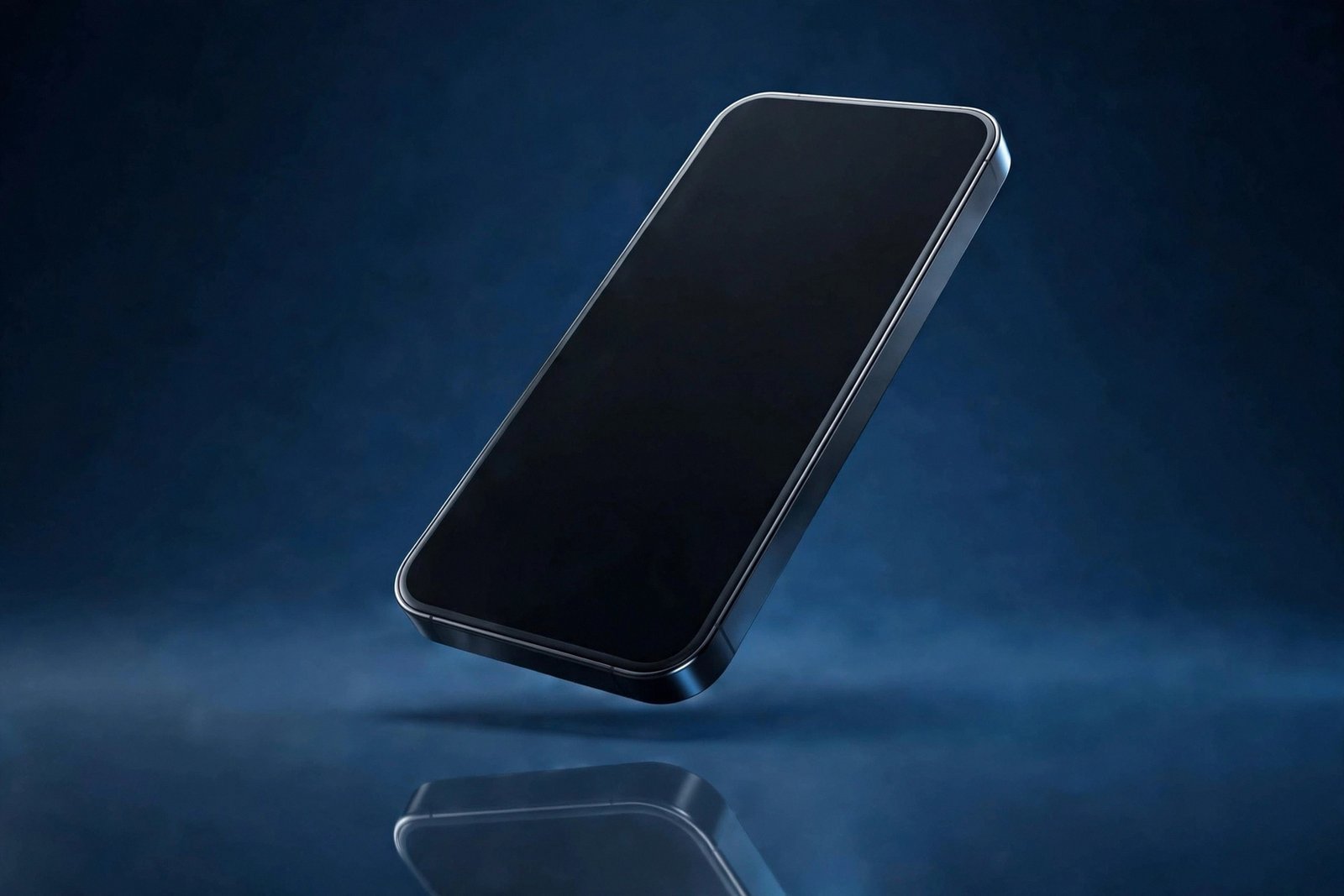  "Generic smartphone with blank screen floating over a dark blue studio background"