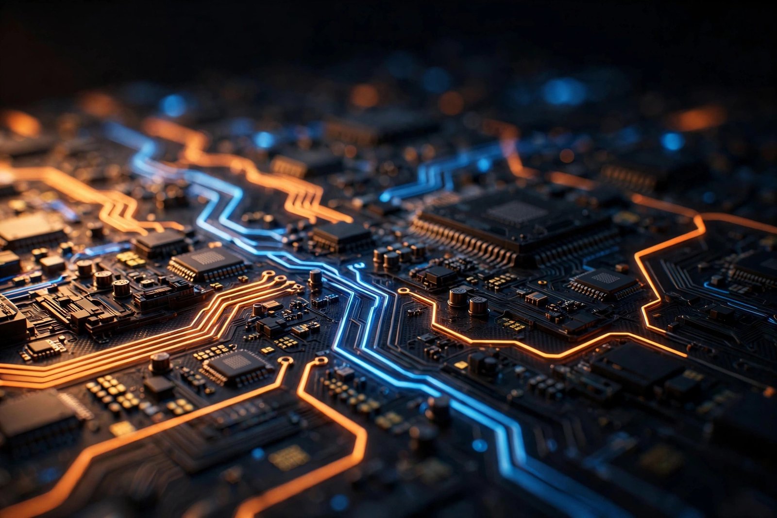  "Glowing circuit board macro with luminous blue and orange electronic traces"