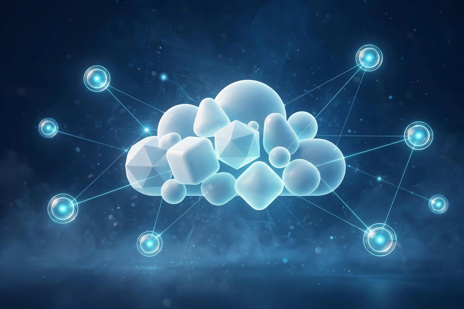  "Abstract cloud computing concept with glowing network nodes in deep blue space"