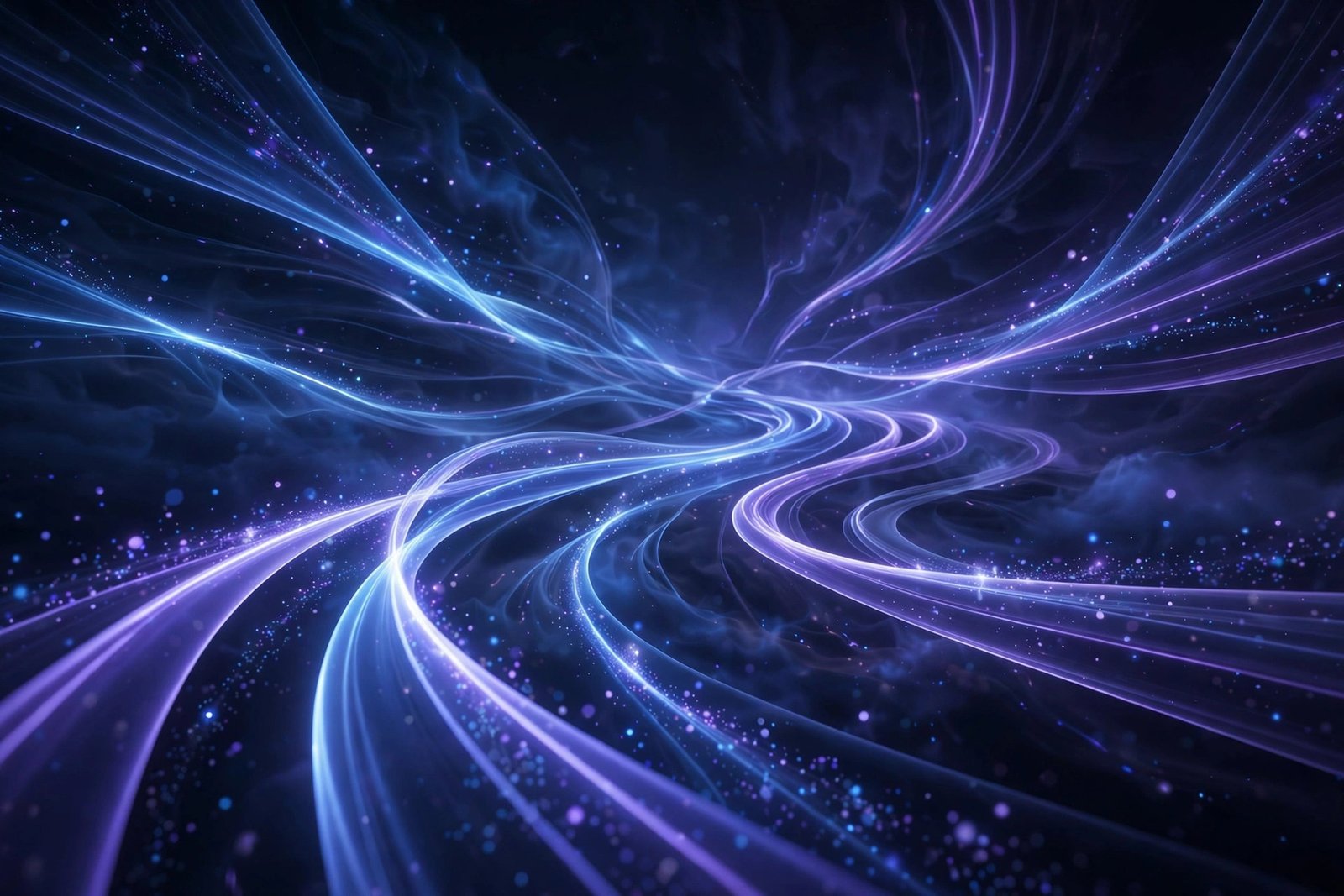  "Flowing blue and violet data streams in a dark digital space"