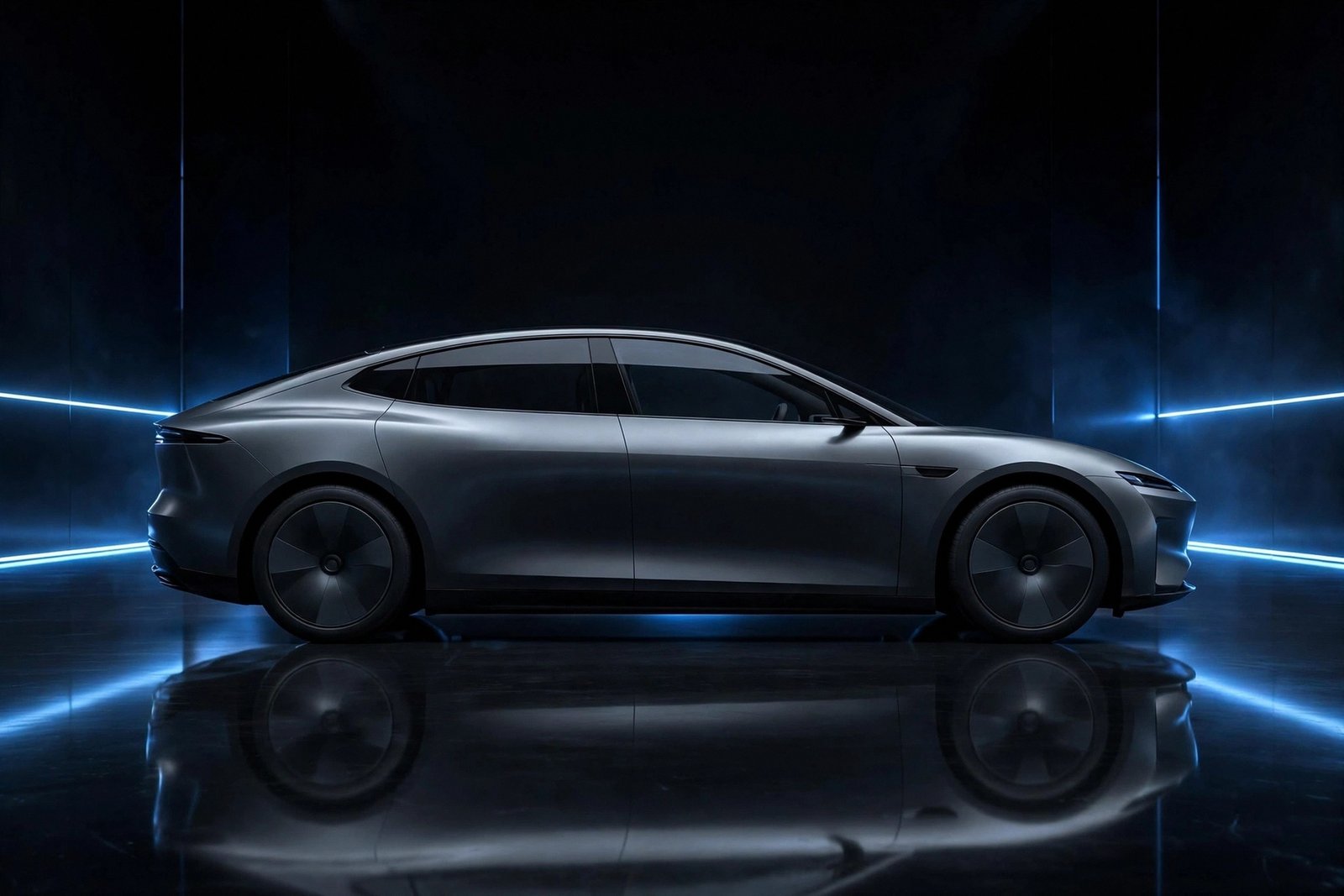  "Generic grey electric car in side profile in a dark blue studio"