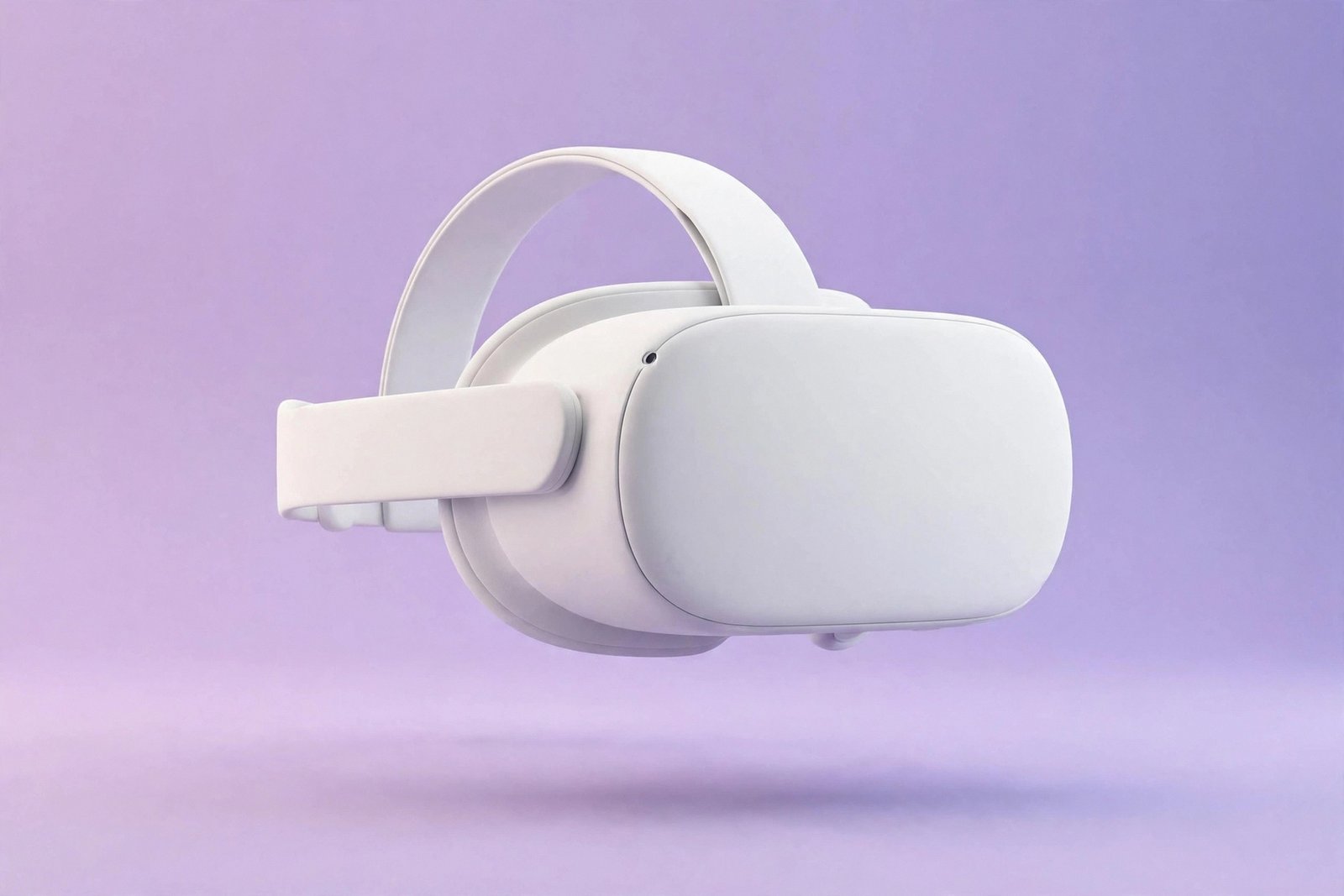  "Generic white VR headset floating against a soft purple studio background"