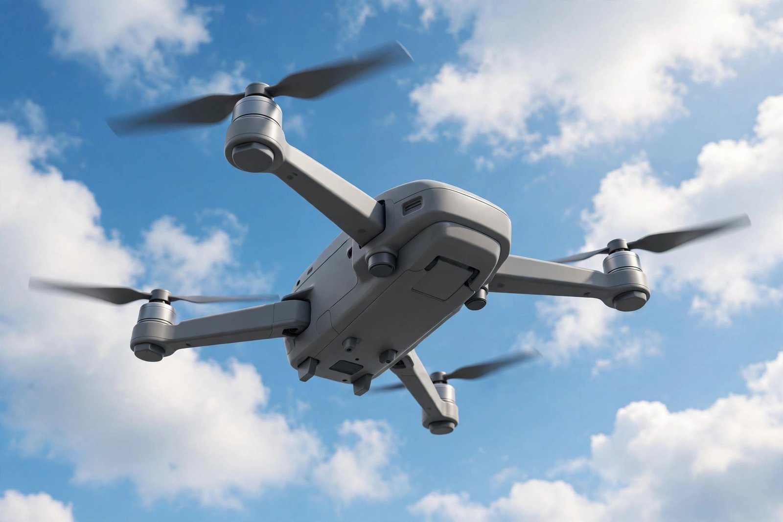  "Generic quadcopter drone flying in a bright blue sky with clouds"