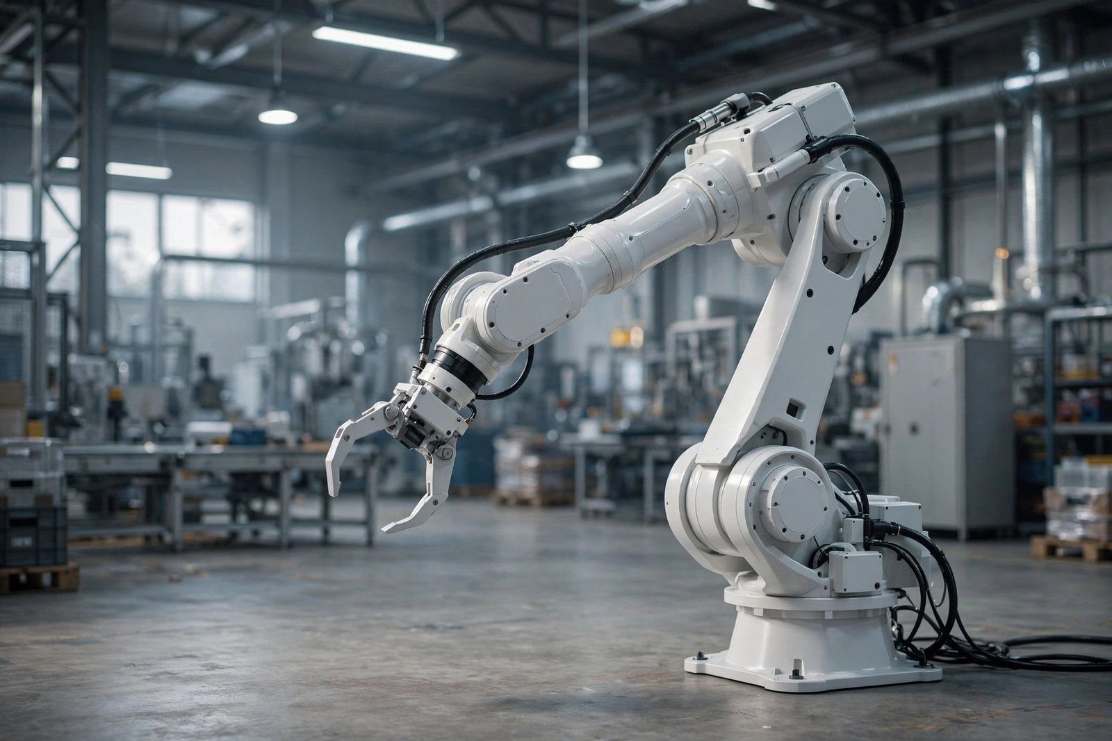  "White industrial robotic arm in a modern factory hall"