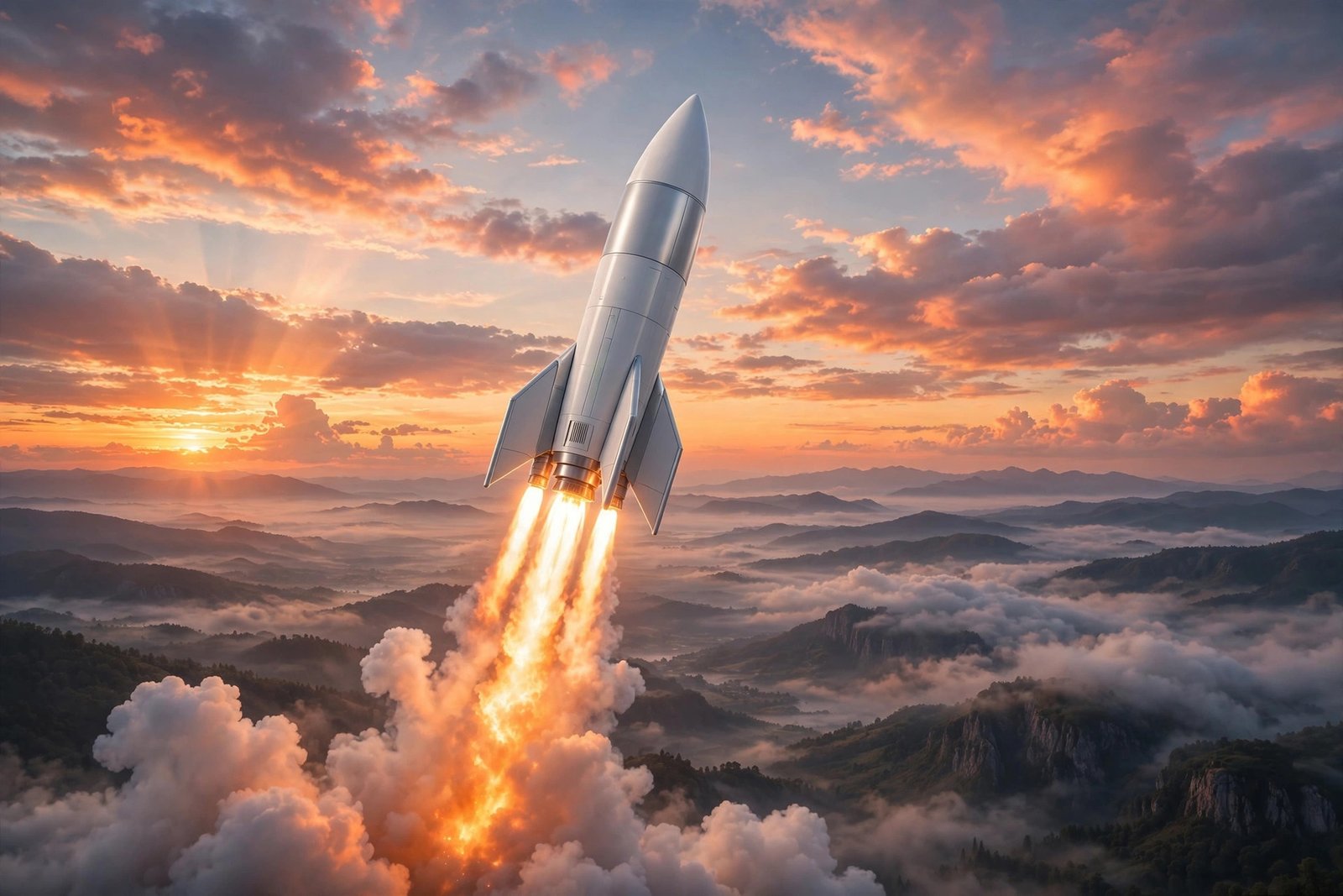  "Generic rocket launching upward at dawn above misty mountains"