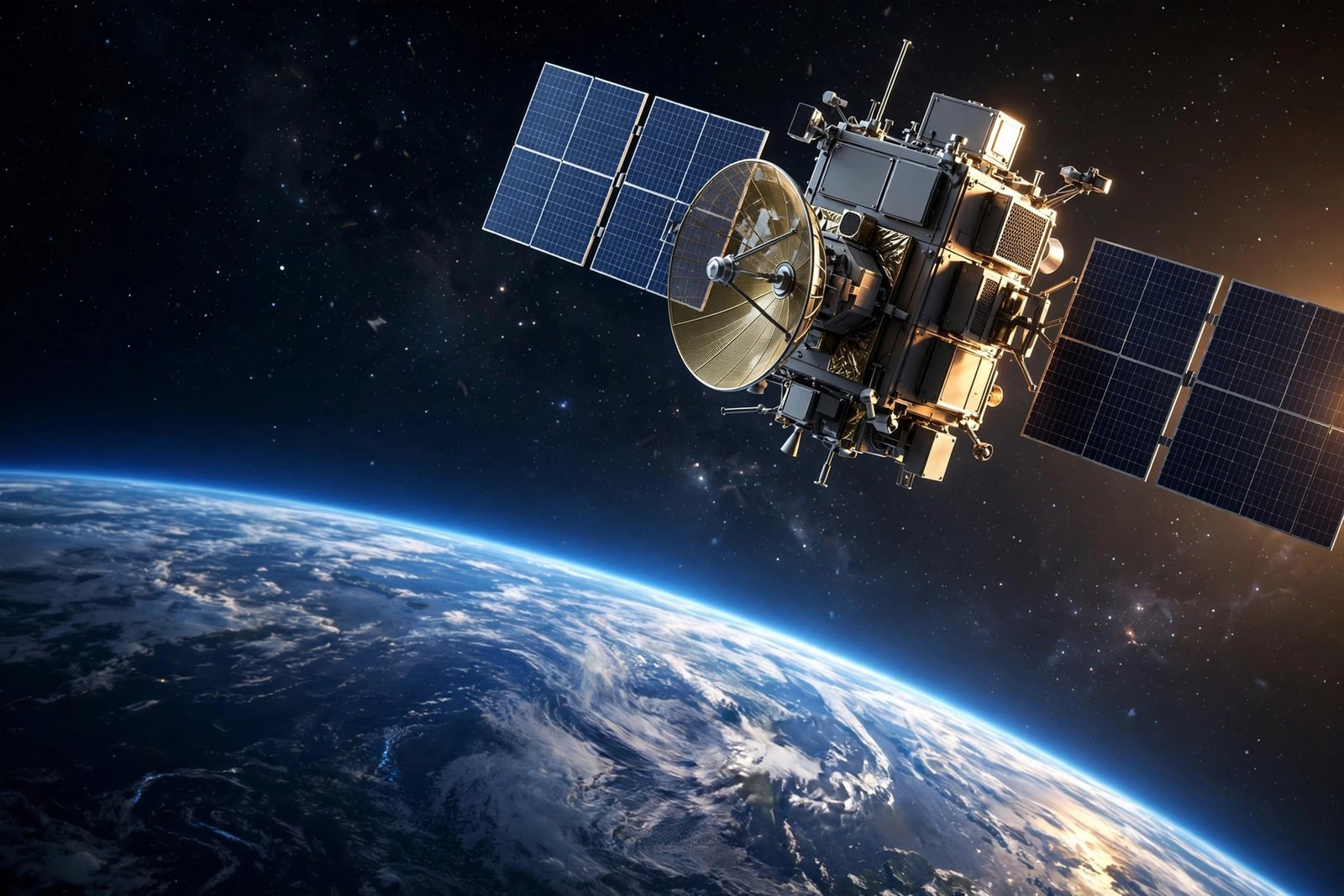  "Generic communications satellite orbiting above the glowing Earth at night"