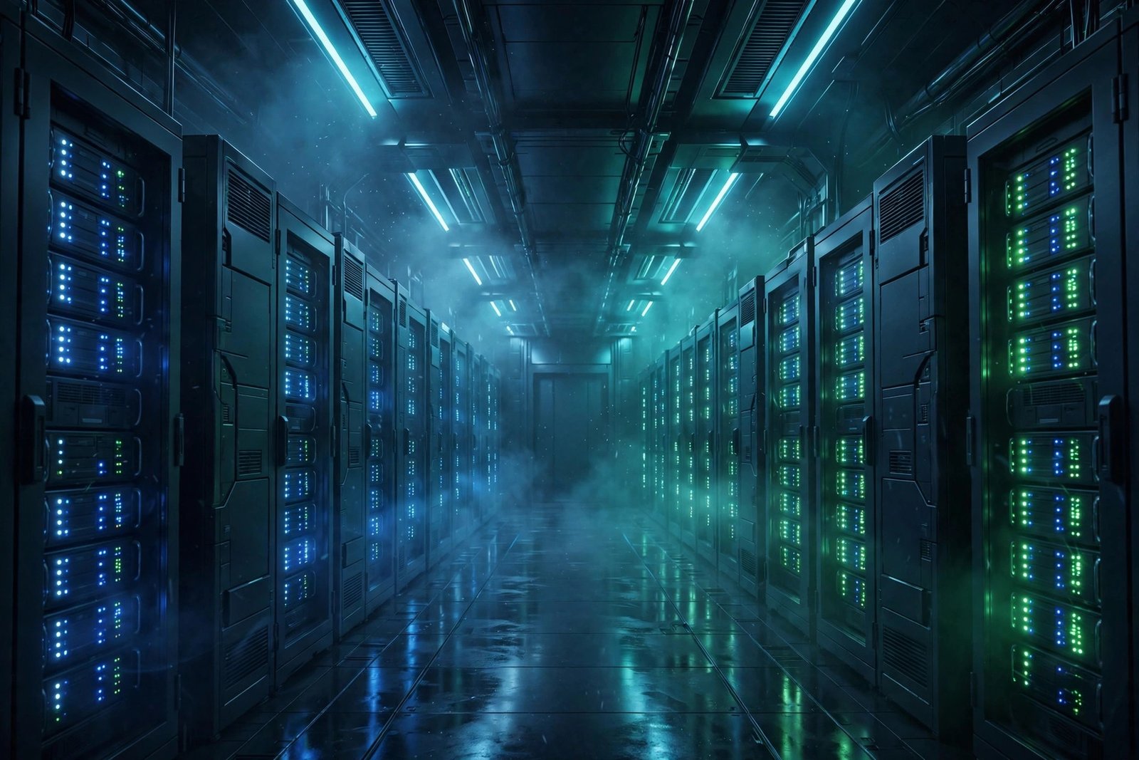  "Futuristic server room corridor with glowing racks and atmospheric haze"