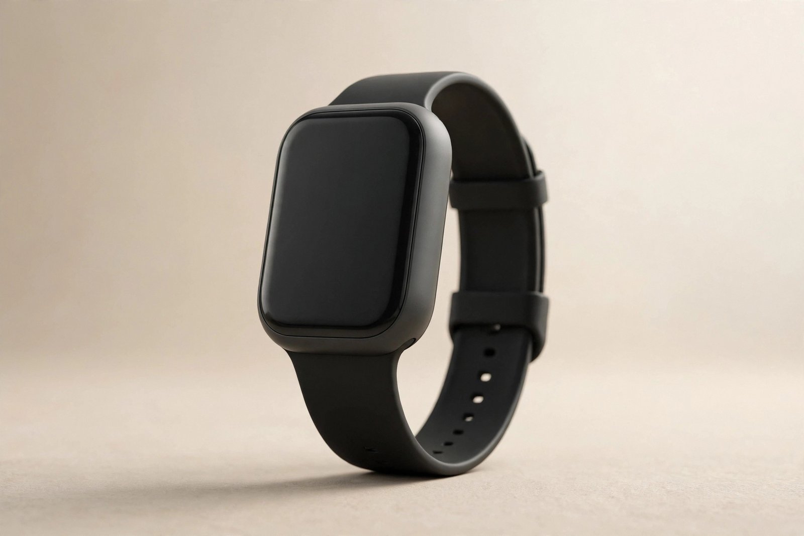  "Generic black smartwatch with blank screen on a beige studio surface"