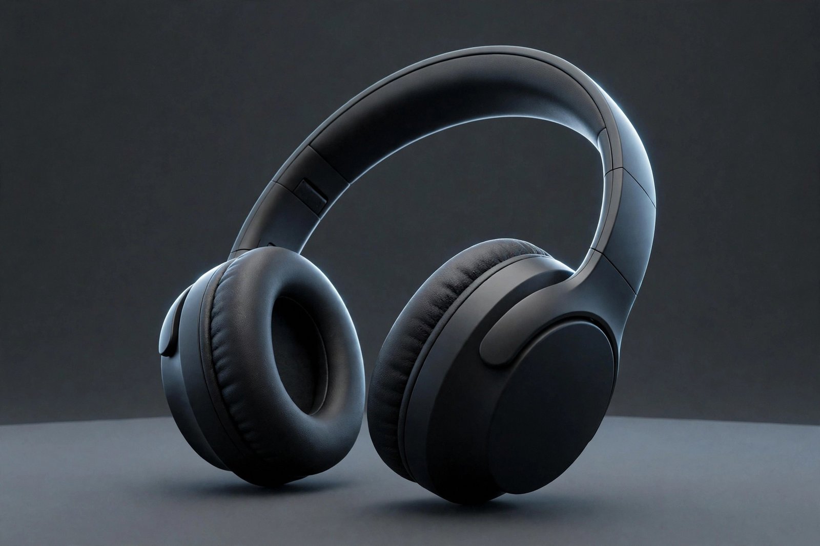  "Generic matte black wireless headphones on a dark grey studio background"