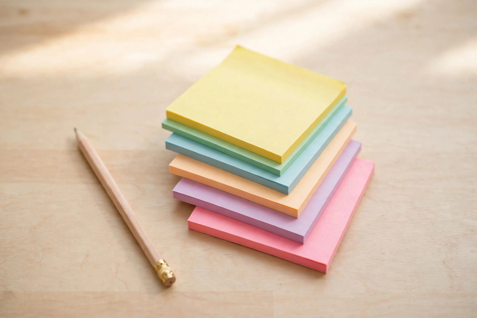  "Stack of blank colorful sticky notes with a pencil on a wooden desk"