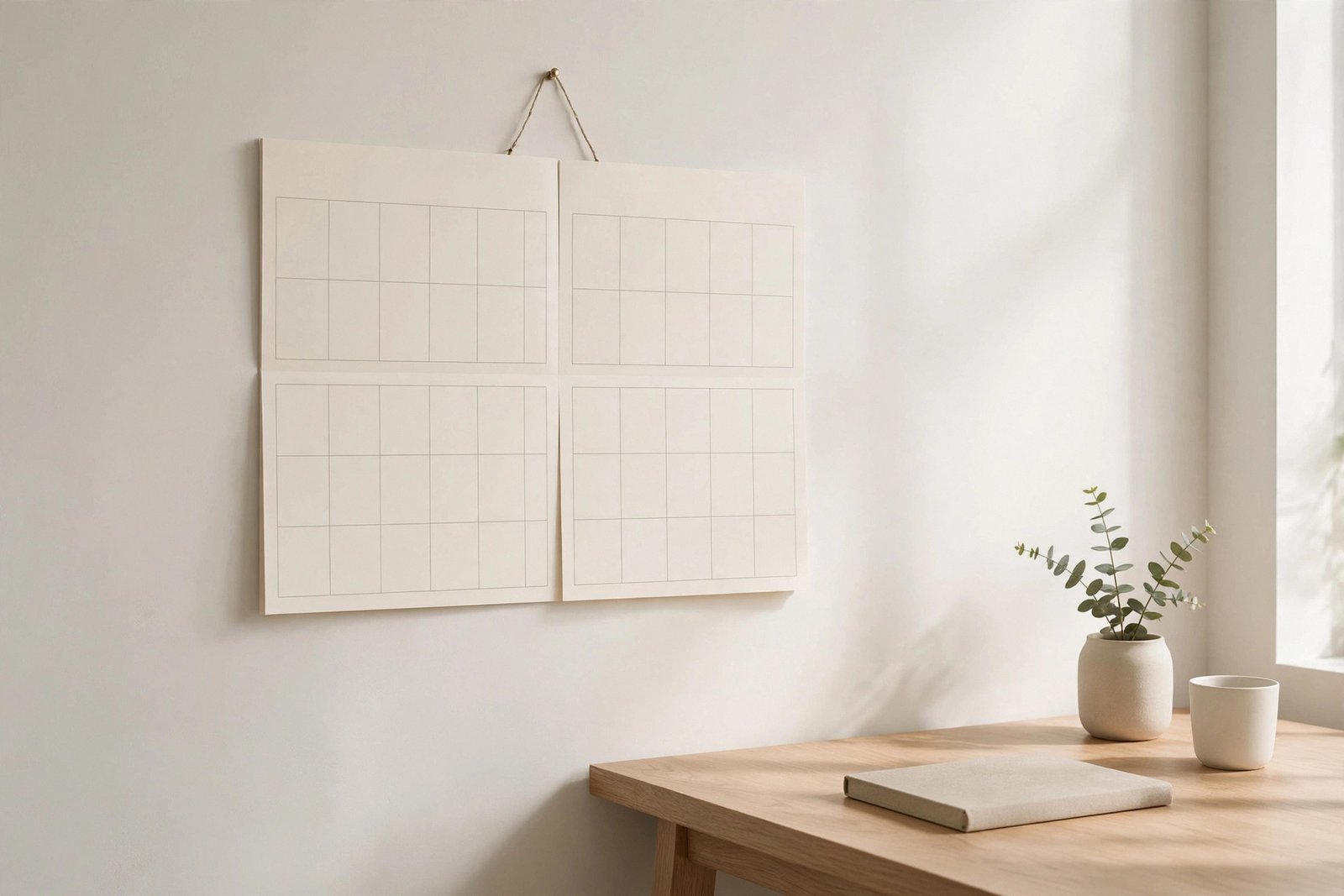  "Blank wall calendar with empty grid pages hanging in a bright office"