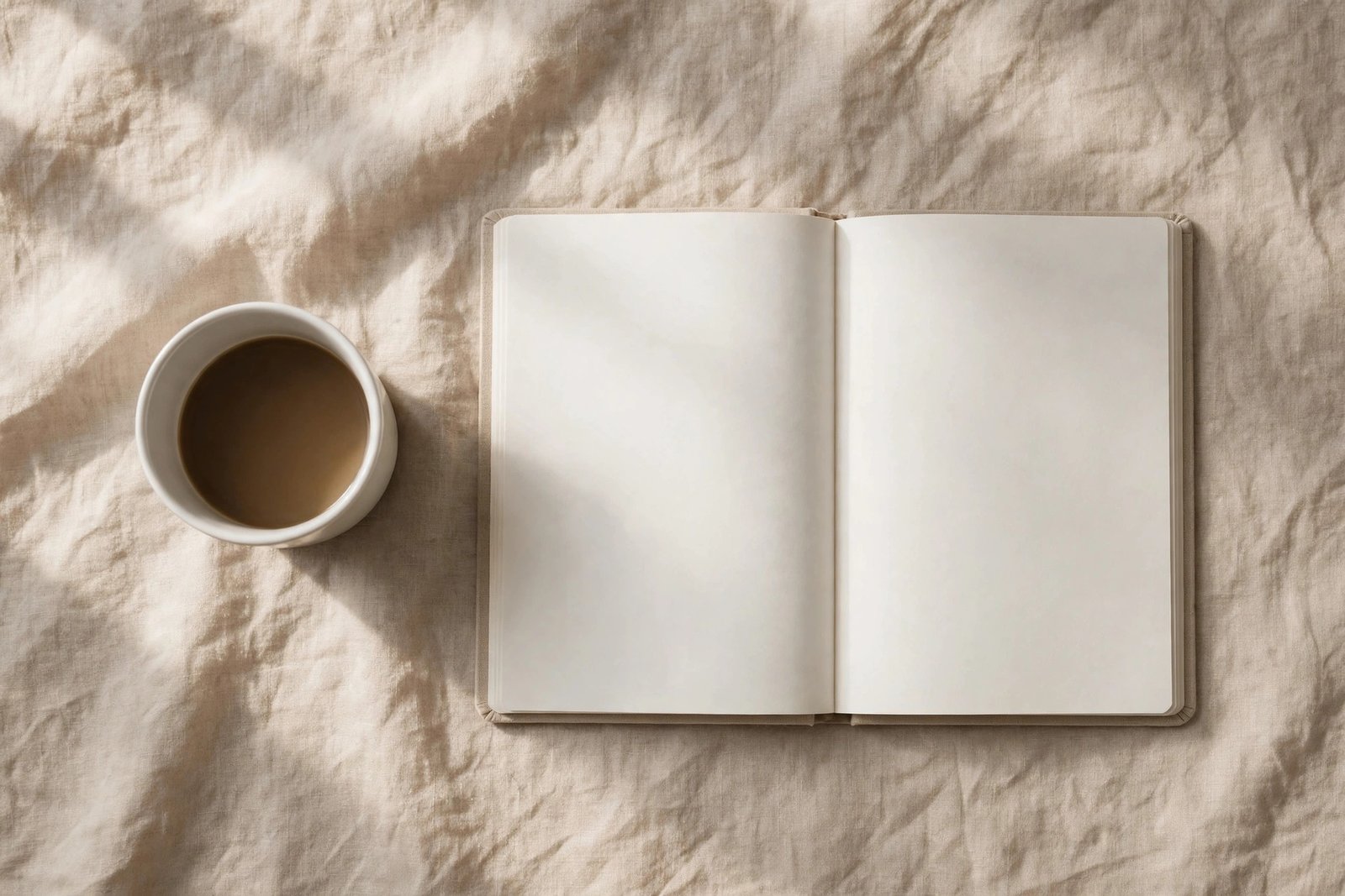  "White coffee cup beside an open blank planner on a linen tablecloth"