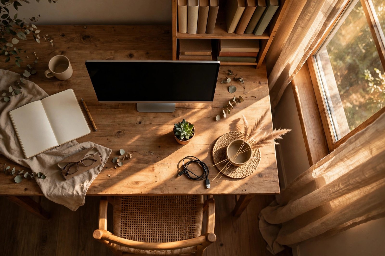  "Cozy home office corner with wooden desk and chair by a sunny window"