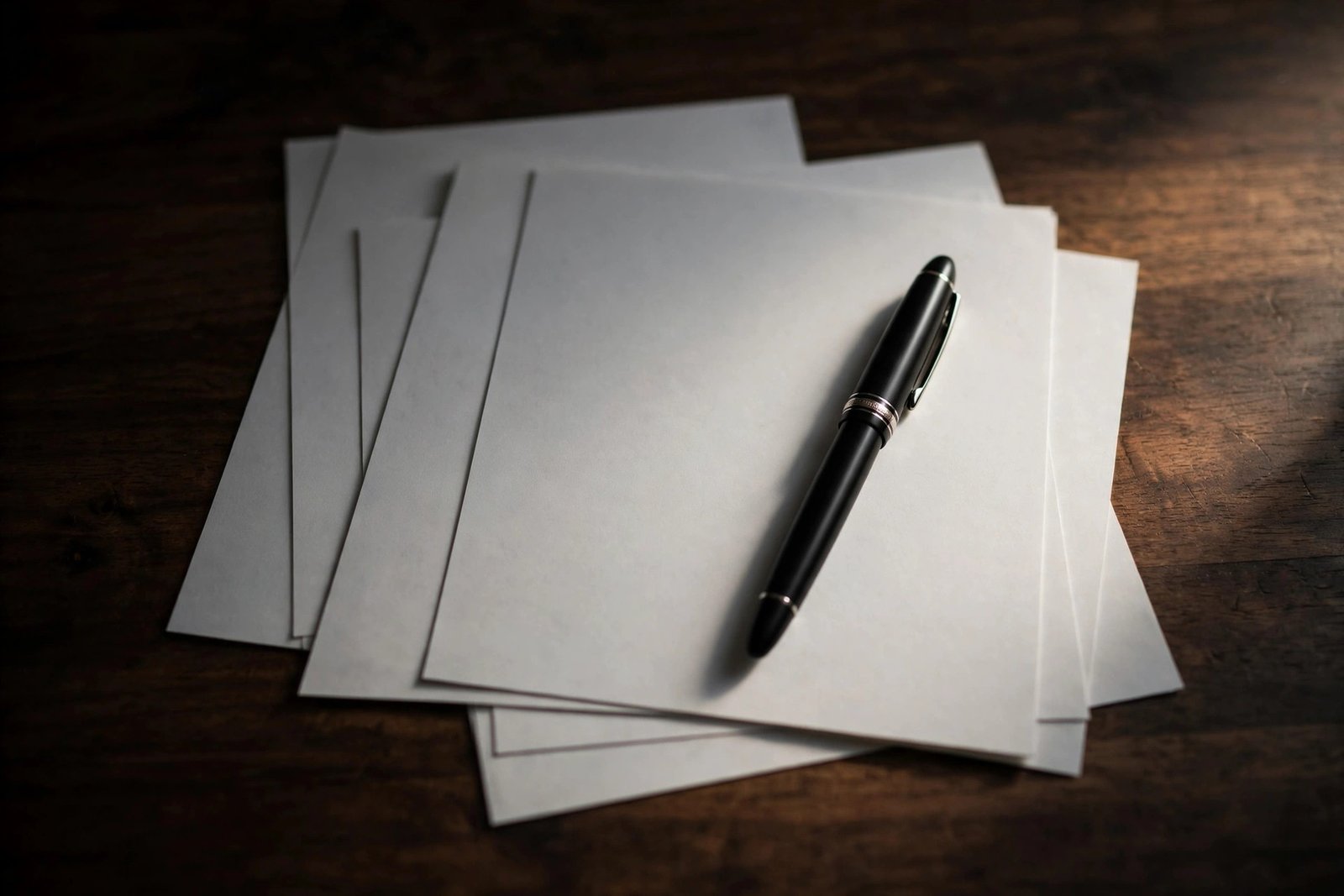  "Black fountain pen resting on blank white paper on a dark desk"