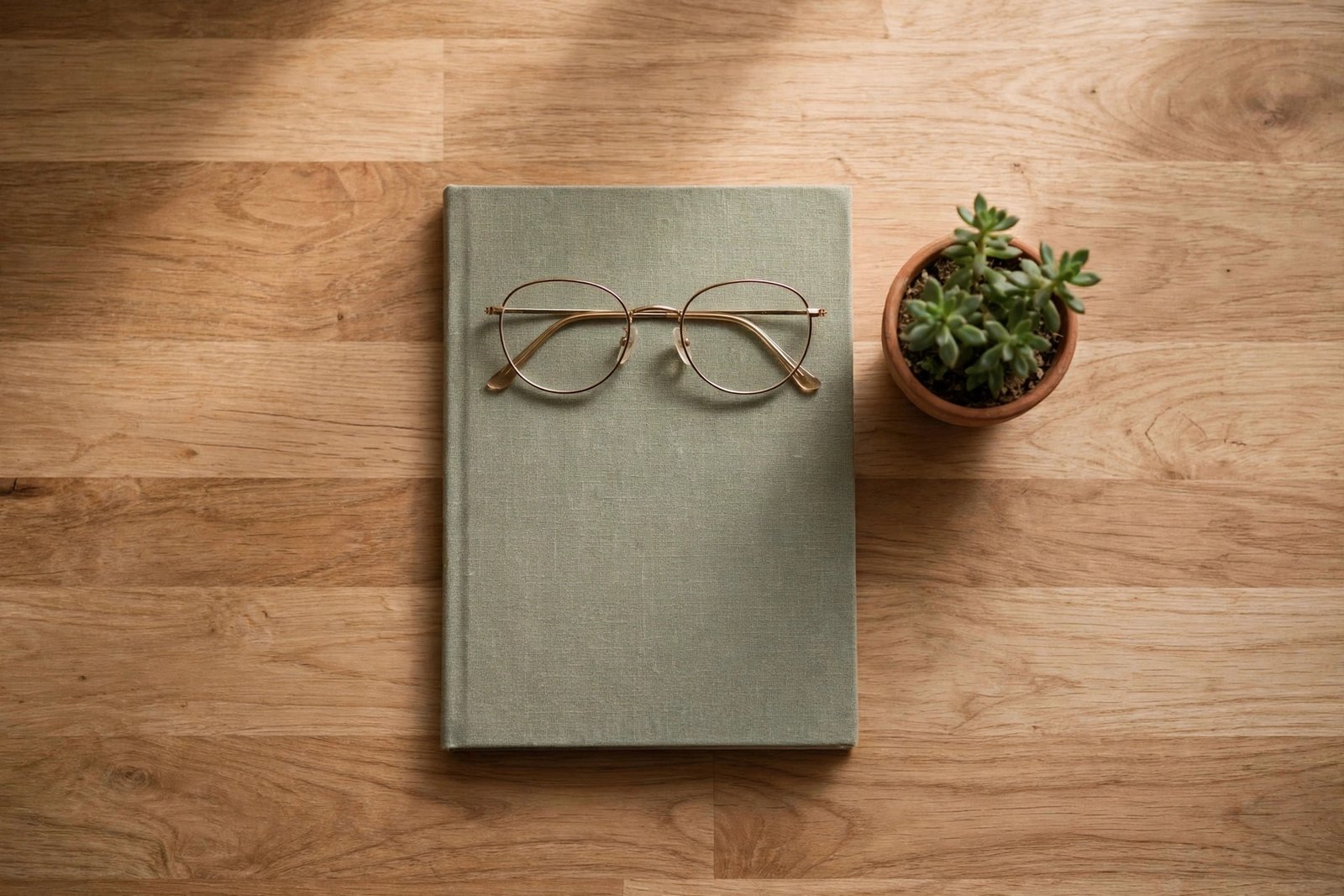  "Closed notebook with reading glasses and a small plant on a wooden desk"