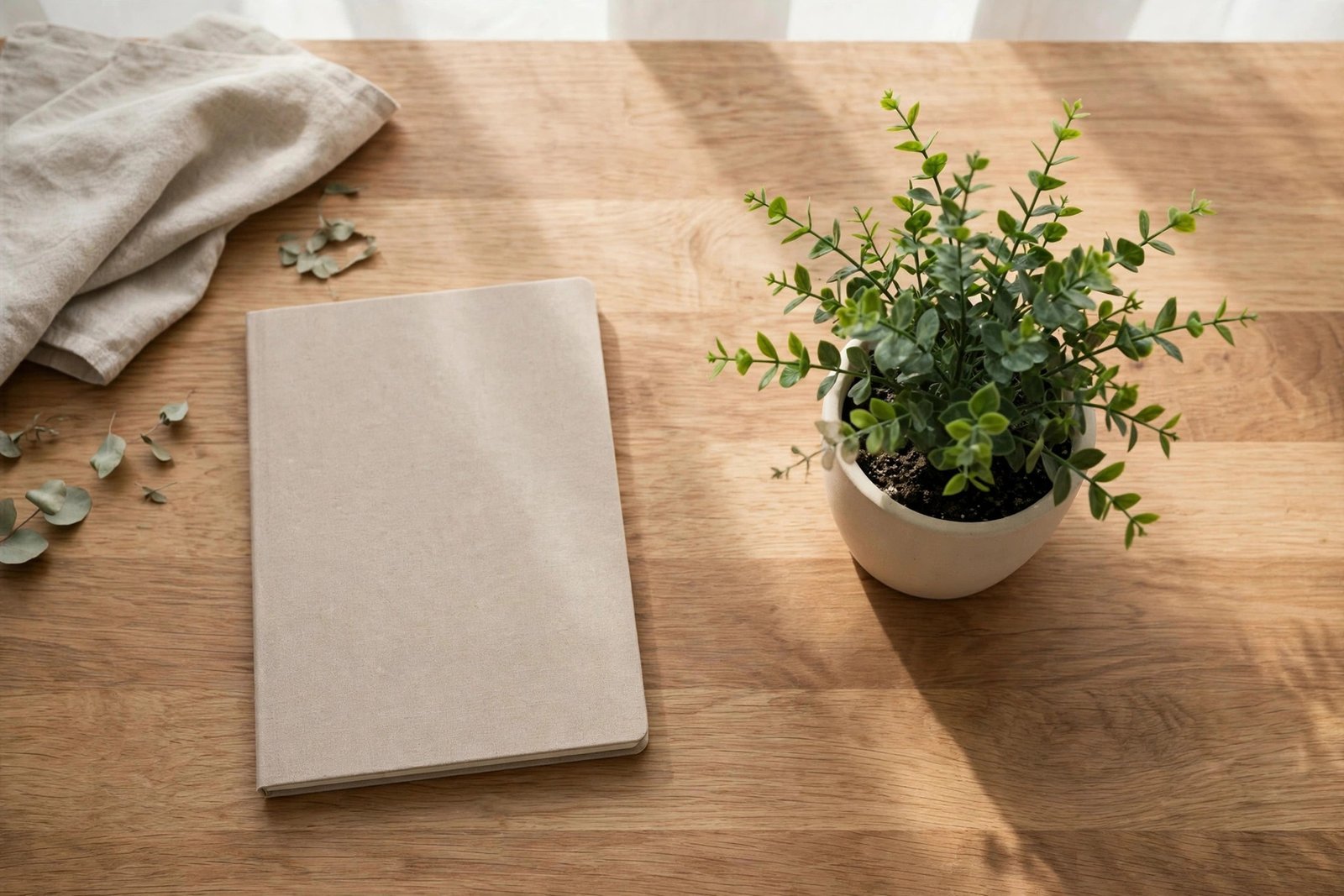  "Small potted plant and blank notebook on a wooden desk in daylight"