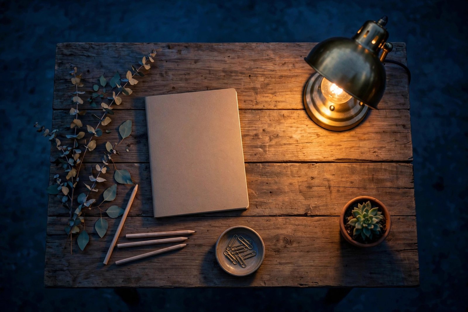 "Warm glowing desk lamp over a wooden desk with blank notebook at dusk"